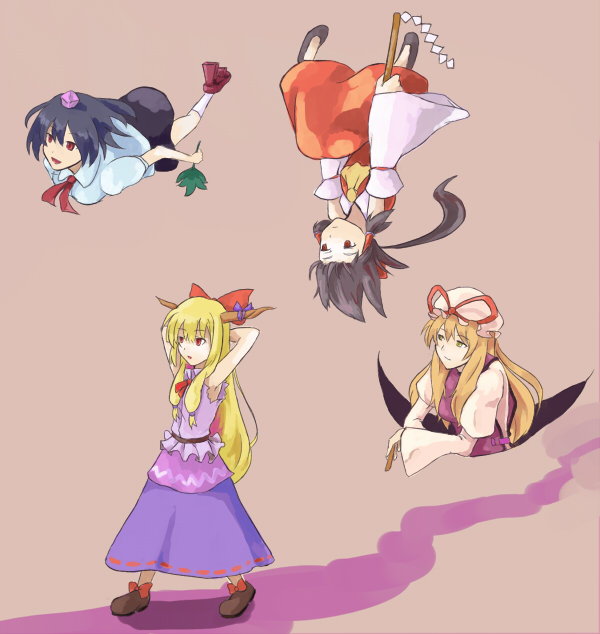 shibasaki shouji, hakurei reimu, ibuki suika, shameimaru aya, yakumo yukari, touhou, bad id, bad pixiv id, 4girls, arms behind head, black hair, blonde hair, female focus, flying, gap (touhou), horns, multiple girls, red eyes, simple background, upside-down, walking, yellow eyes