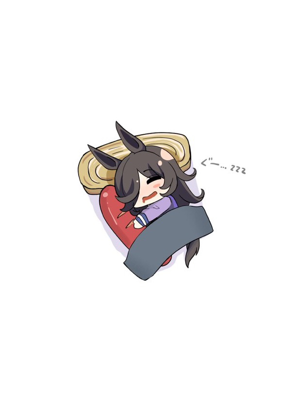 kawamochi (tddm3573), rice shower (umamusume), umamusume, translation request, 1girl, animal ears, black hair, blush stickers, chibi, closed eyes, colored shadow, drooling, facing viewer, food, hair over one eye, horse ears, horse girl, horse tail, long hair, long sleeves, lying, mini person, minigirl, mouth drool, omelet, on side, open mouth, puffy long sleeves, puffy sleeves, purple shirt, sausage, school uniform, shadow, shirt, simple background, sleeping, smile, solo, tail, tamagoyaki, tracen school uniform, white background, zzz