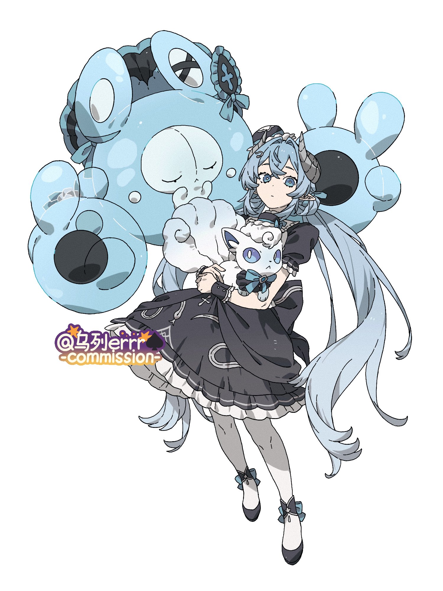 wulie errr, alolan vulpix, reuniclus, nintendo, pokemon, highres, 1girl, :<, alolan form, alternate color, alternate shiny pokemon, animal hands, black bonnet, black dress, black shoes, blue bow, blue eyes, blue fur, blue hair, bonnet, bow, closed eyes, dress, floating, fox, frilled dress, frills, full body, gen 5 pokemon, gen 7 pokemon, hat, holding, holding pokemon, horns, lolita fashion, long hair, looking at viewer, low twintails, mini hat, pantyhose, pointy ears, pokemon (creature), puffy short sleeves, puffy sleeves, shoes, short sleeves, simple background, standing, twintails, white background, white fur, white pantyhose, wrist cuffs