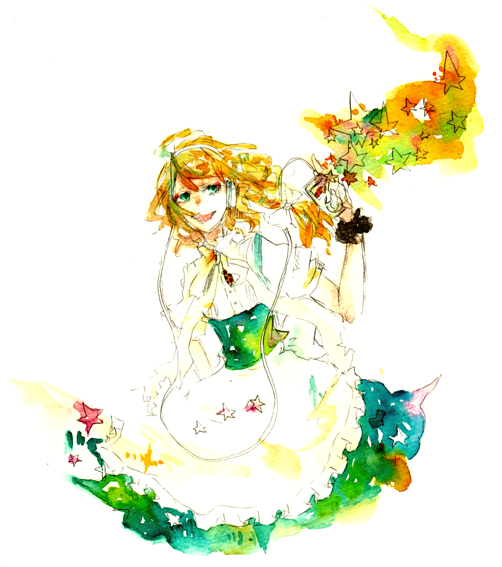 sakuma, kirisame marisa, touhou, bad id, bad pixiv id, painting (medium), traditional media, watercolor (medium), 1girl, adapted costume, blonde hair, digital media player, female focus, headphones, ipod, ipod nano, ipod nano 3g, long hair, solo