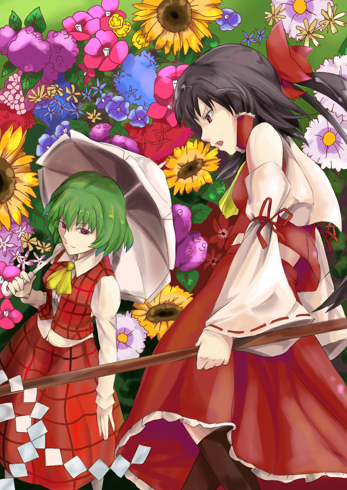 shibasaki shouji, hakurei reimu, kazami yuuka, phantasmagoria of flower view, touhou, bad id, bad pixiv id, highres, 2girls, ascot, camellia, female focus, flower, gohei, green hair, hydrangea, japanese clothes, miko, multiple girls, parasol, plaid clothes, plaid skirt, plaid vest, red eyes, short hair, skirt, skirt set, sunflower, umbrella, vest