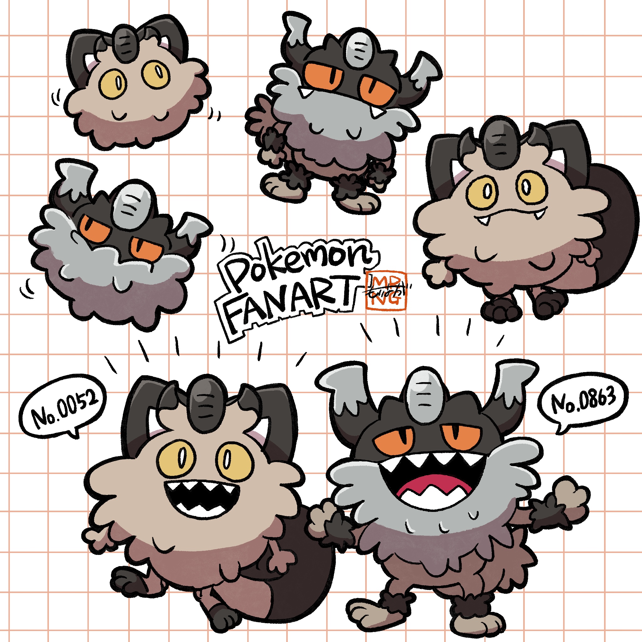 galarian meowth, perrserker, nintendo, pokemon, commentary request, highres, closed mouth, copyright name, evolutionary line, fangs, galarian form, gen 8 pokemon, grid background, horns, no humans, open mouth, pokedex number, pokemon (creature), pokemon focus, pot-sk, sharp teeth, slit pupils, smile, speech bubble, teeth