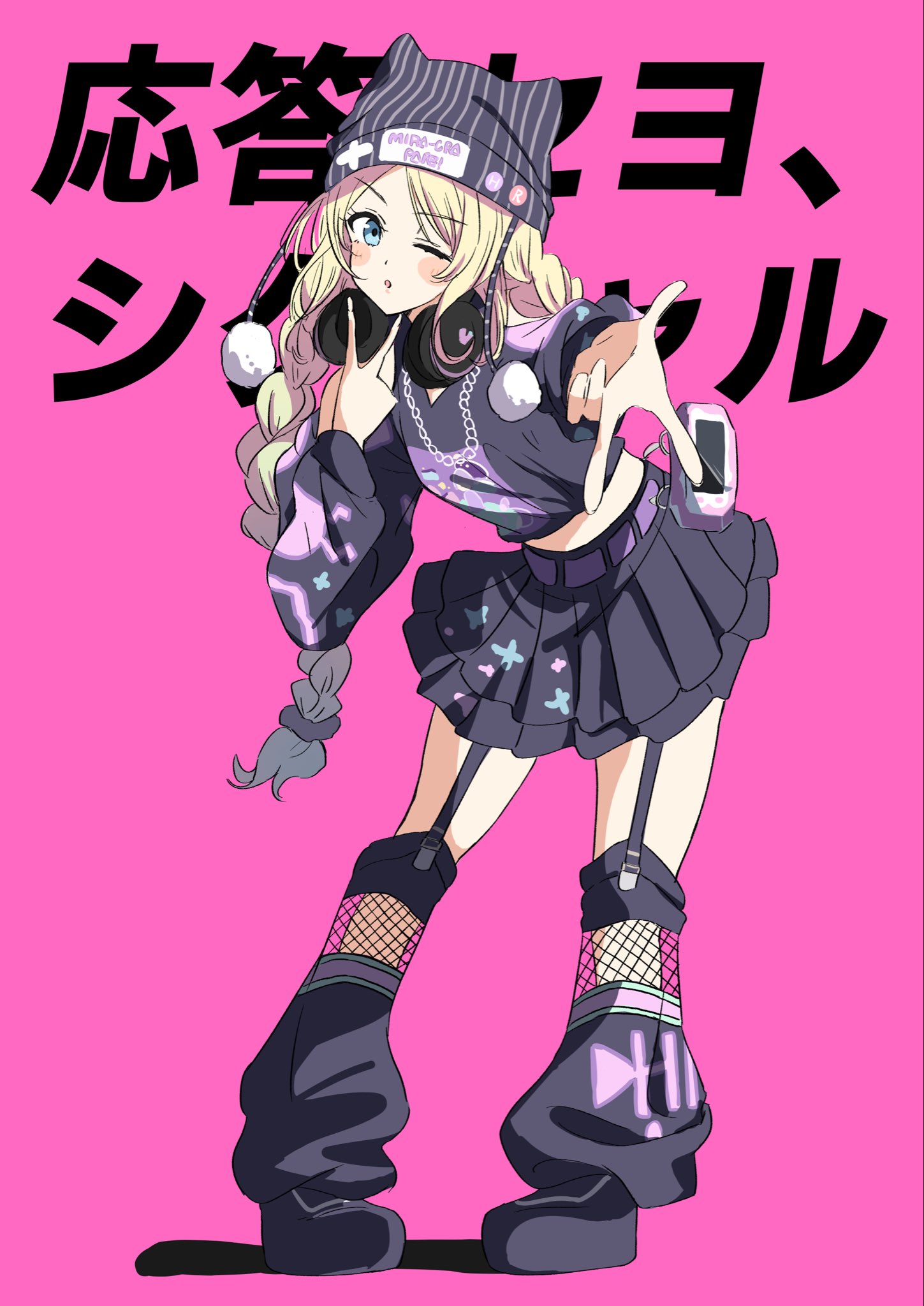 bien (djpwjd1), osawa rurino, link! like! love live!, love live!, highres, translation request, 1girl, ;o, beanie, black hat, black leg warmers, black shirt, black skirt, blonde hair, blue eyes, braid, contrapposto, fishnets, full body, garter straps, gyaru w, handheld game console, hat, headphones, headphones around neck, inward v, leg warmers, long hair, looking at viewer, low twin braids, midriff, miniskirt, nyao signyal, official alternate costume, one eye closed, parted bangs, pink background, pleated skirt, shirt, simple background, skirt, solo, twin braids, v, very long hair, virtual youtuber, w