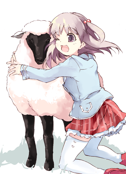 kitano yuusuke, nanako (to heart 2), to heart (series), to heart 2, to heart 2 ad, 00s, happy, hug, kneeling, sheep, skirt, thighhighs, two side up, white thighhighs