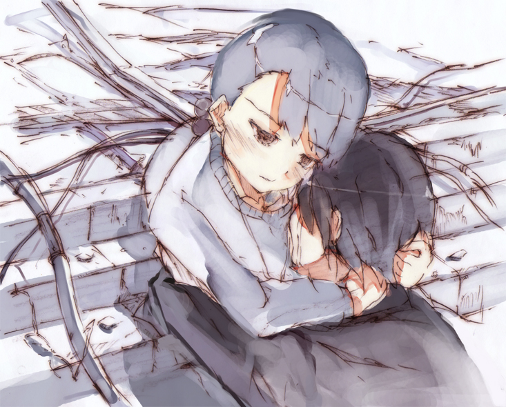 kitano yuusuke, silver hair, hug, long hair, stairs