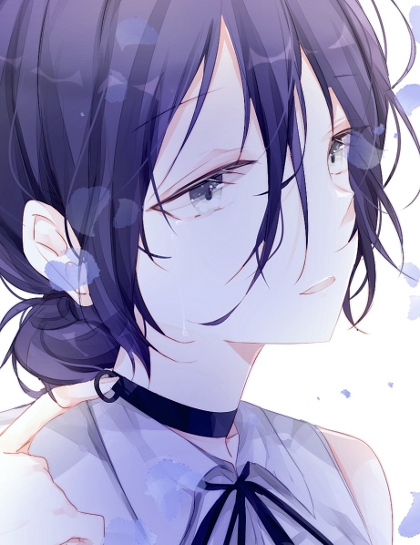 asagiri chisato, reze (chainsaw man), chainsaw man, commentary request, 1girl, black choker, black ribbon, choker, close-up, grenade pin, grey eyes, grey shirt, hair between eyes, neck ribbon, purple hair, ribbon, shirt, sleeveless, sleeveless shirt, solo, white background