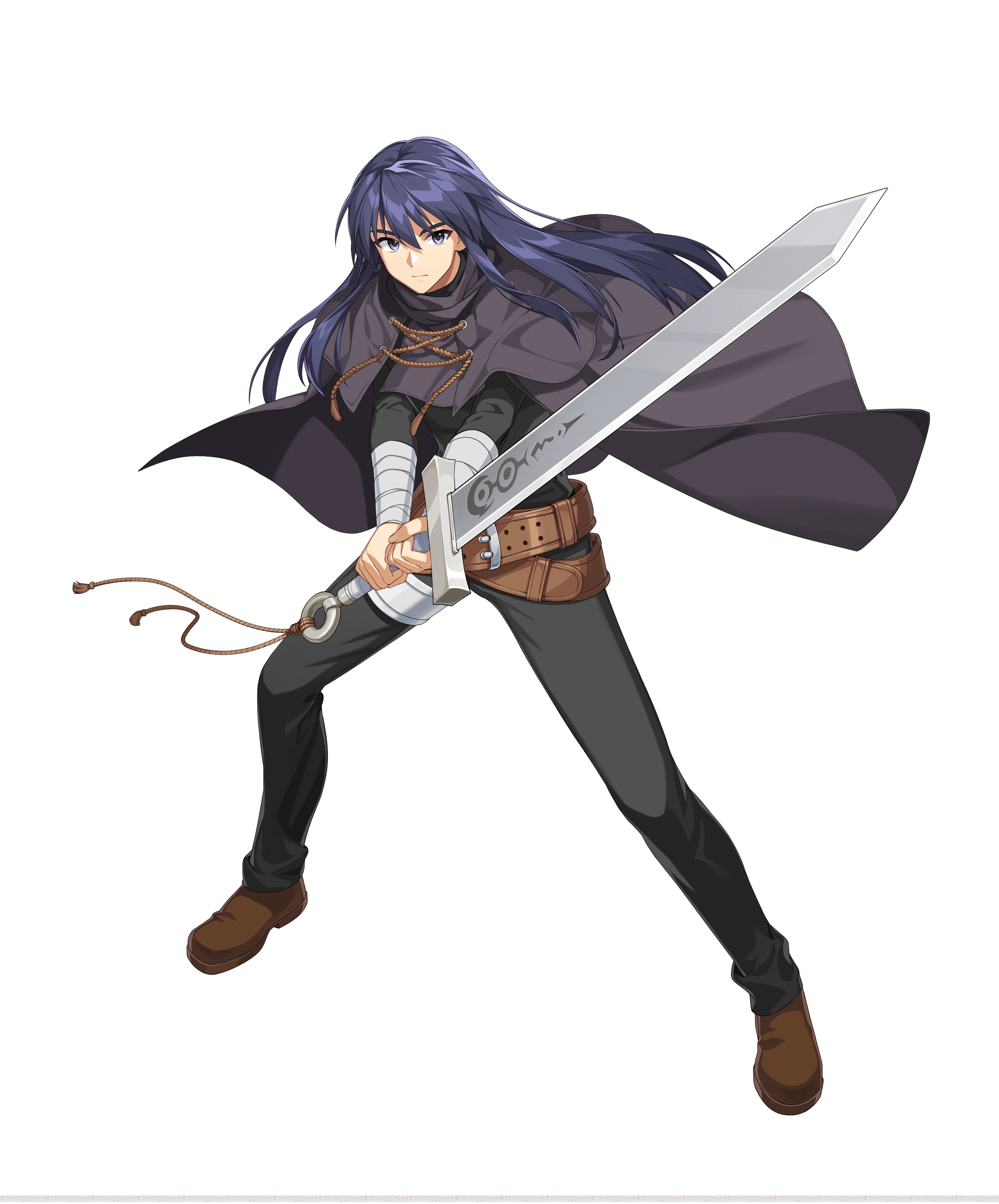 boris jinneman, dengeki, nexon, tales weaver, absurdres, artist request, highres, official art, second-party source, 1boy, arm wrap, belt, belt buckle, black cloak, black hair, black pants, black shirt, black sleeves, brown belt, brown shoes, buckle, cloak, closed mouth, company name, cross-laced cloak, crossed belts, dengeki online, english text, expressionless, fighting stance, grey eyes, holding, holding sword, holding weapon, impasto, legs apart, long hair, long sidelocks, male focus, o-ring, pants, shirt, shoes, sidelocks, simple background, solo, standing, straight hair, sword, tassel, thigh strap, three-quarter sleeves, turtleneck, turtleneck cloak, watermark, weapon, white background