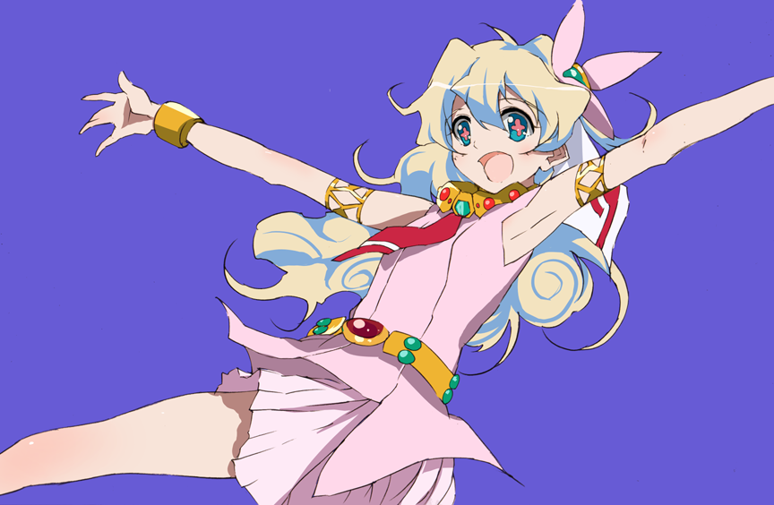 kitano yuusuke, nia teppelin, tengen toppa gurren lagann, + +, 00s, 1girl, armband, armlet, armpits, belt, blonde hair, blue eyes, bracelet, cross-shaped pupils, dress, female focus, flower, hair flower, hair ornament, jewelry, long hair, multicolored hair, necktie, open mouth, pink dress, pink skirt, skirt, solo, symbol-shaped pupils