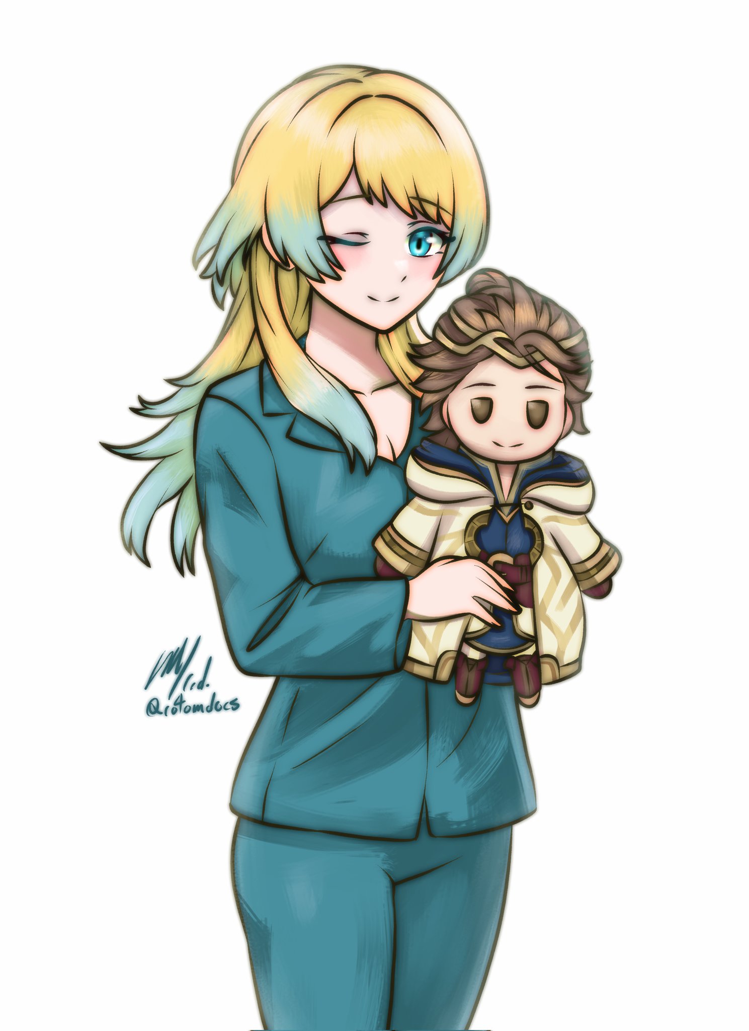 rotomdocs, fjorm (fire emblem), fjorm (ice ascendant) (fire emblem), kiran (fire emblem), male kiran (fire emblem), fire emblem, fire emblem heroes, nintendo, commentary, english commentary, highres, 1girl, alternate costume, blonde hair, blue eyes, blue hair, blue pajamas, blush, character doll, closed mouth, doll, gradient hair, long hair, long sleeves, multicolored hair, one eye closed, pajamas, signature, simple background, smile, solo, twitter username, white background