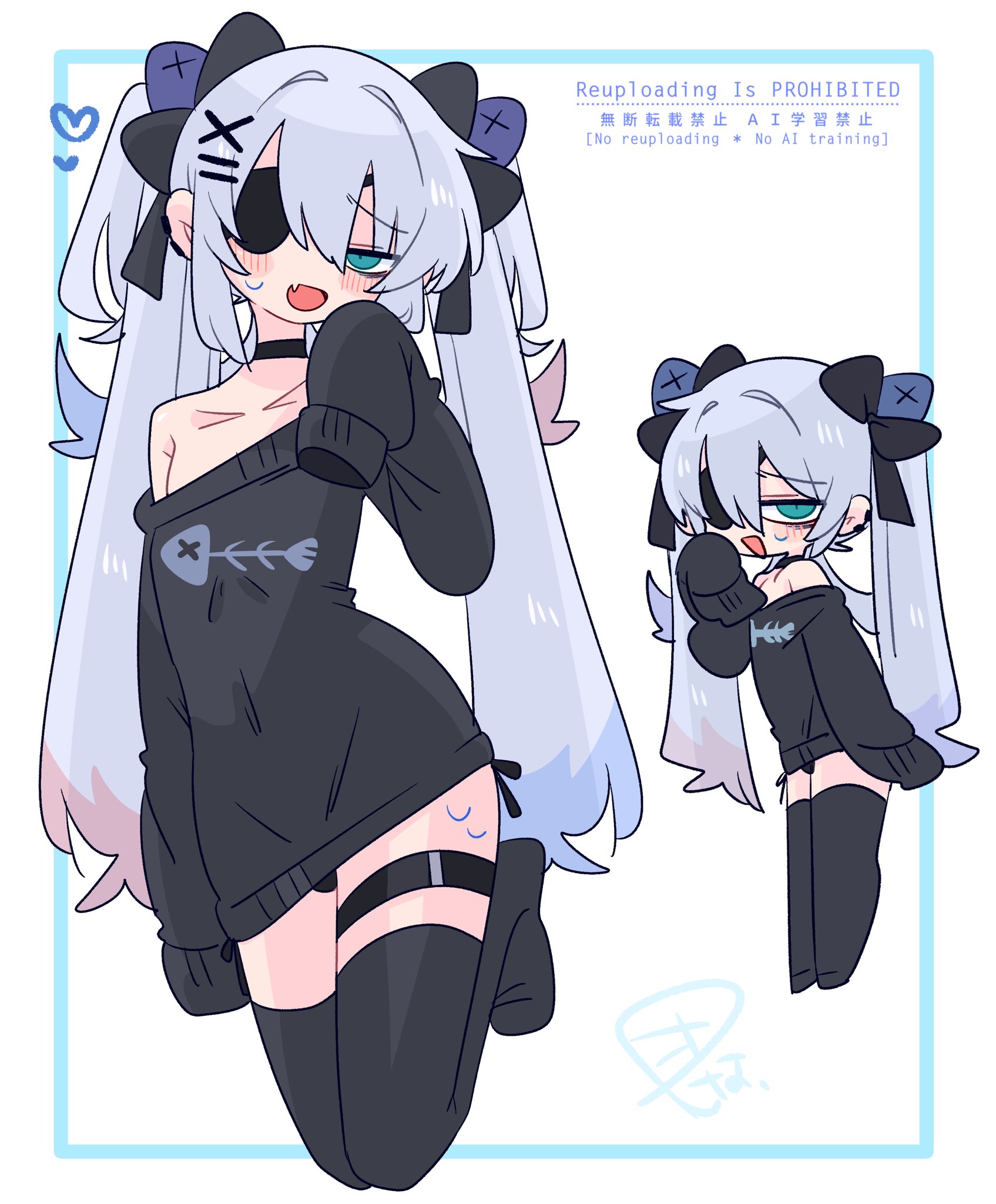 op na yarou, original, commentary, highres, 1boy, :d, bare shoulders, black bow, black choker, black sweater, black thighhighs, blue eyes, blue hair, blush, bow, bulge, choker, collarbone, colored tips, crossdressing, crossdressing (mtf), earclip, eyepatch, fang, fish skeleton, fish skeleton print, flipped hair, from side, full body, hair between eyes, hair bow, hair intakes, hair ornament, hand up, heart, kneeling, long hair, long sleeves, looking at viewer, male focus, multicolored hair, multiple views, narrowed eyes, no nose, no pants, off shoulder, one eye covered, open mouth, oversized clothes, print sweater, quad tails, raised inner eyebrows, red hair, rigel (op na yarou), sidelocks, simple background, skin fang, sleeves past fingers, sleeves past wrists, smile, standing, straight hair, sweat, sweatdrop, sweater, thigh strap, thighhighs, trap, very long hair, watermark, white background, white hair, x hair ornament