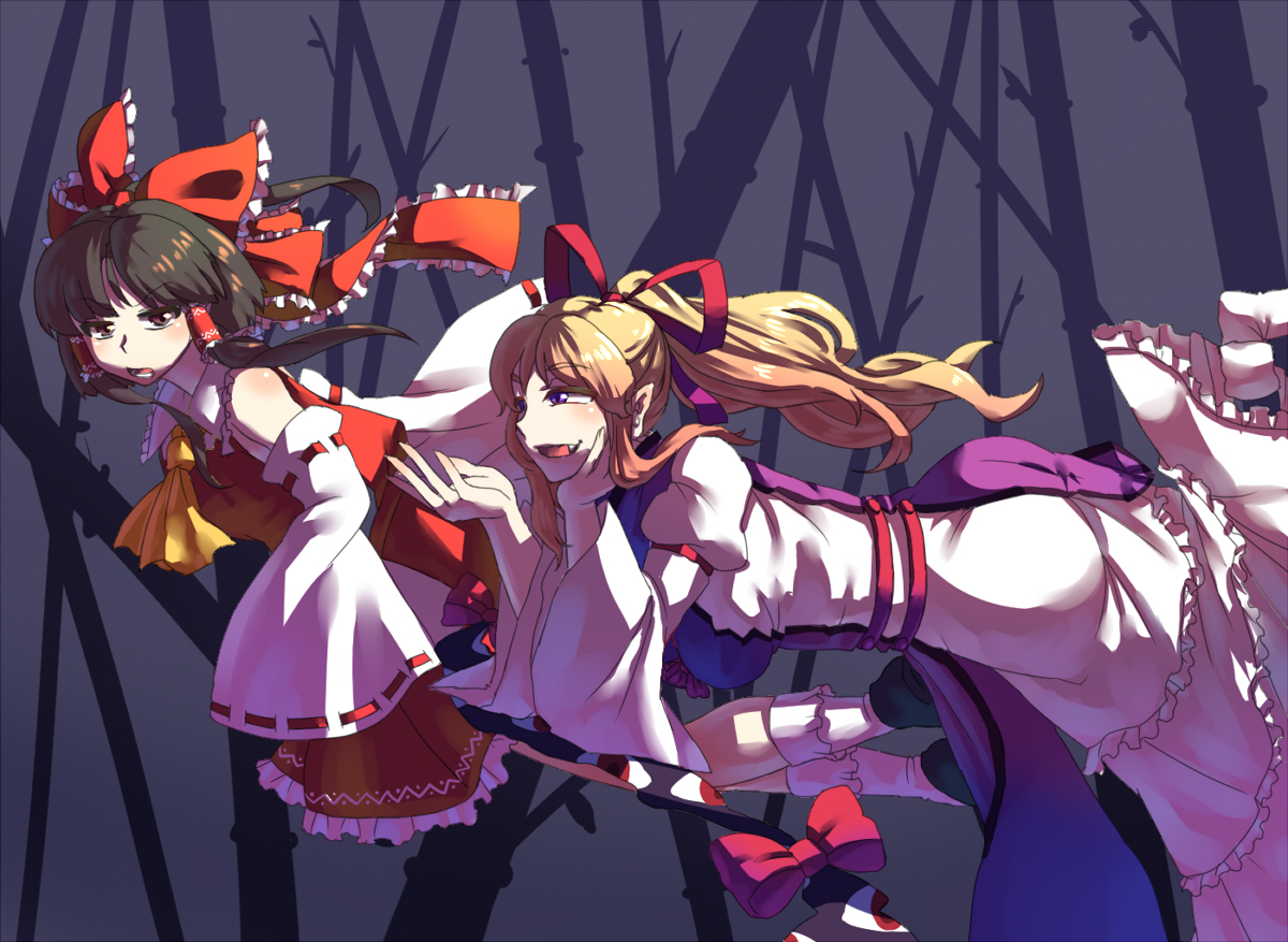 mizu mochi, mizumochi, hakurei reimu, yakumo yukari, touhou, bad id, bad pixiv id, 2girls, alternate hairstyle, bare shoulders, black hair, bow, brown eyes, brown hair, fang, female focus, frills, gap (touhou), hair bow, long hair, multiple girls, open mouth, ponytail, purple eyes, ribbon, socks
