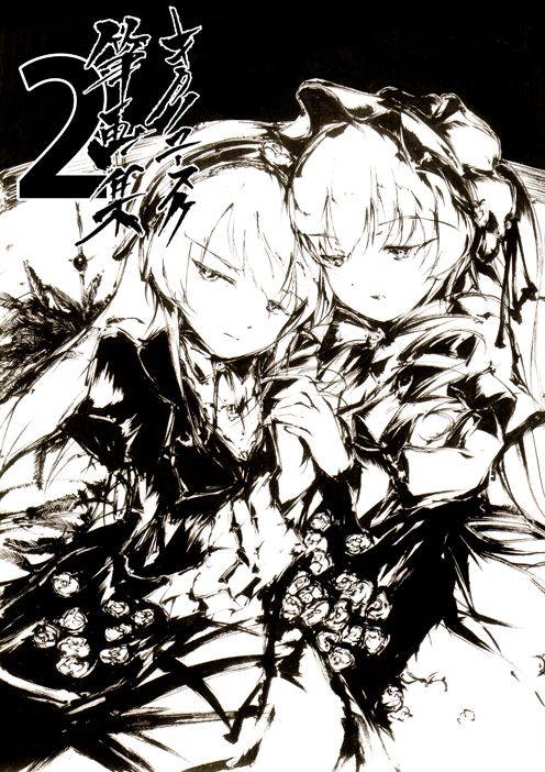 kitano yuusuke, shinku, suigintou, rozen maiden, 00s, 2girls, bonnet, dress, greyscale, holding hands, monochrome, multiple girls