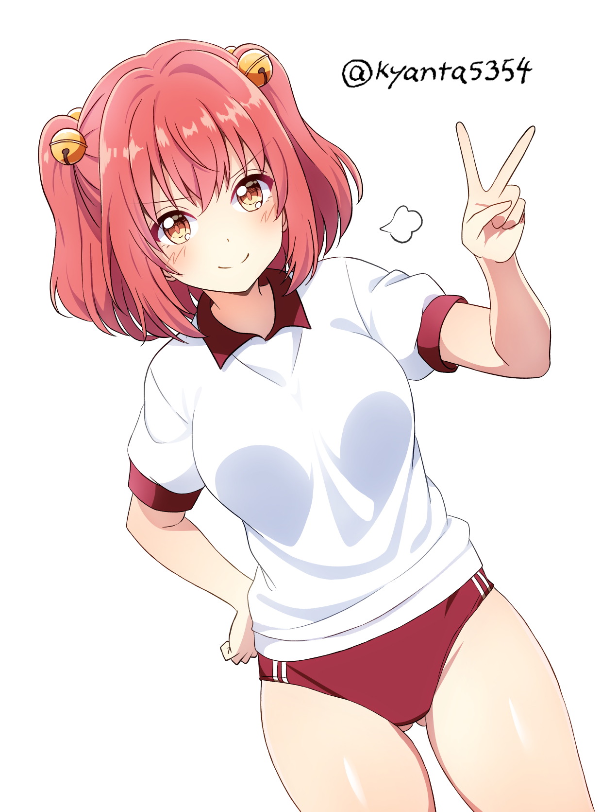 kyanta5354, motoori kosuzu, touhou, highres, 1girl, bell, blush, breasts, buruma, gluteal fold, gym uniform, hair bell, hair ornament, heavy breathing, looking at viewer, red buruma, shirt, short hair, short sleeves, smile, solo, twitter username, two side up, v, white background, white shirt