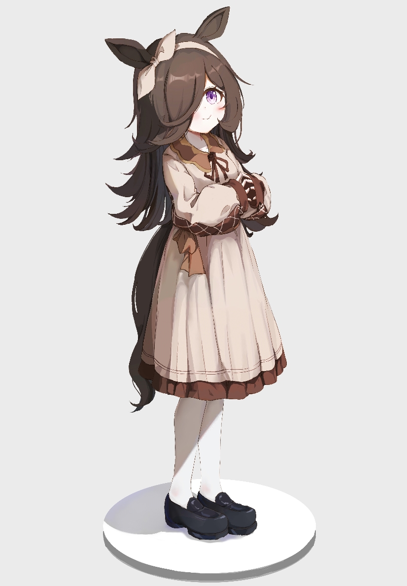 komeiji-qingkuang, rice shower (casual) (umamusume), rice shower (umamusume), umamusume, 1girl, animal ears, black shoes, brown hair, brown shirt, brown skirt, hair over one eye, horse ears, horse girl, horse tail, looking at viewer, pantyhose, purple eyes, shirt, shoes, skirt, smile, solo, tail, white pantyhose