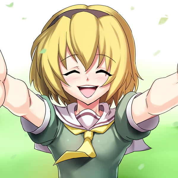 nyamota, houjou satoko, higurashi no naku koro ni, bad id, bad pixiv id, 00s, 1girl, blonde hair, closed eyes, dress, female focus, flat chest, hairband, happy state, hug, incoming hug, sailor dress, solo