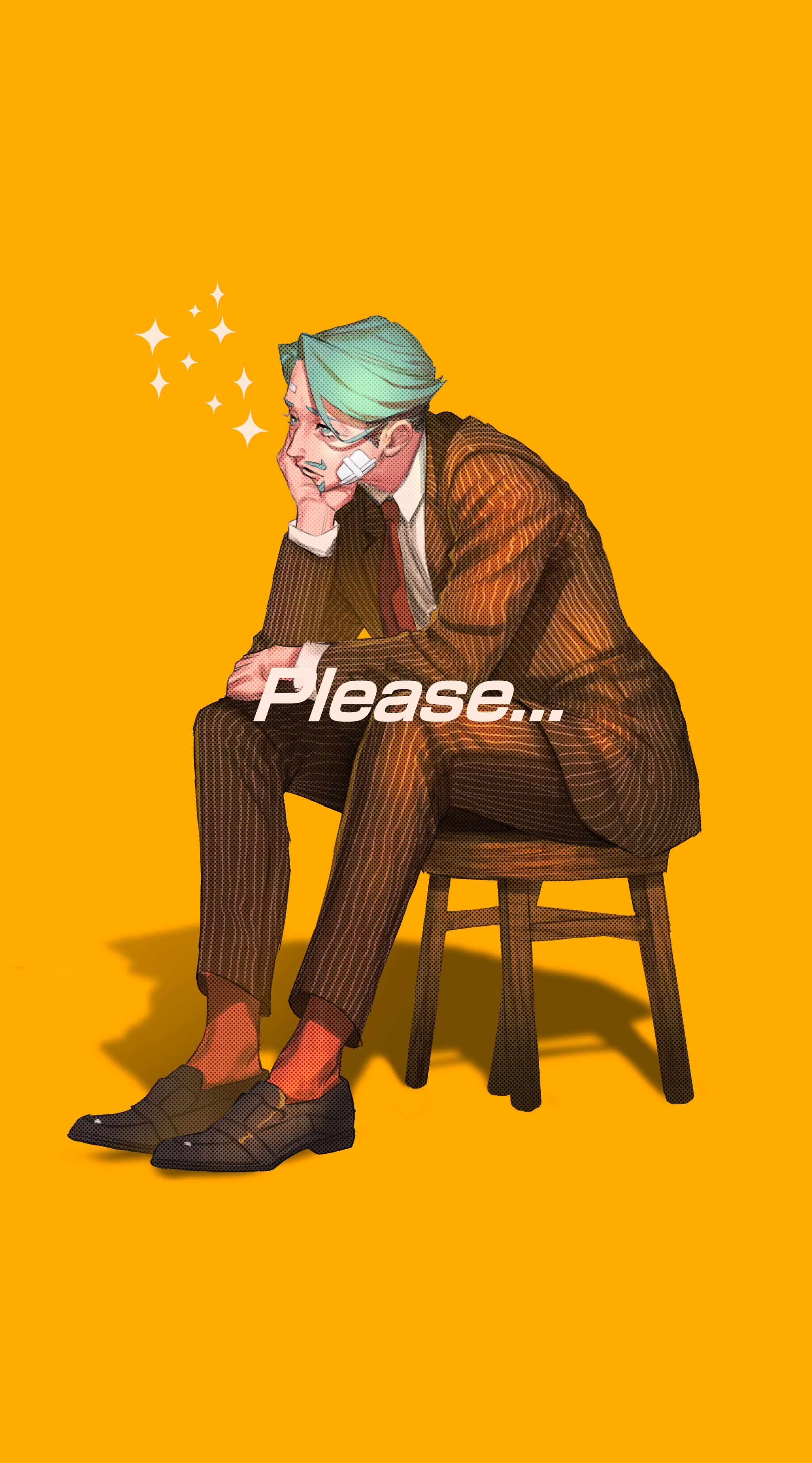 hayakuinnitte, challia bull, gundam, gundam gquuuuuux, absurdres, highres, 1boy, bandaid, black shoes, brown suit, chair, collared shirt, english text, facial hair, formal clothes, goatee, green eyes, green hair, hand on own face, mustache, orange background, orange socks, shirt, shoes, simple background, sitting, socks, solo, star (symbol), suit, white shirt, wooden chair, wooden stool