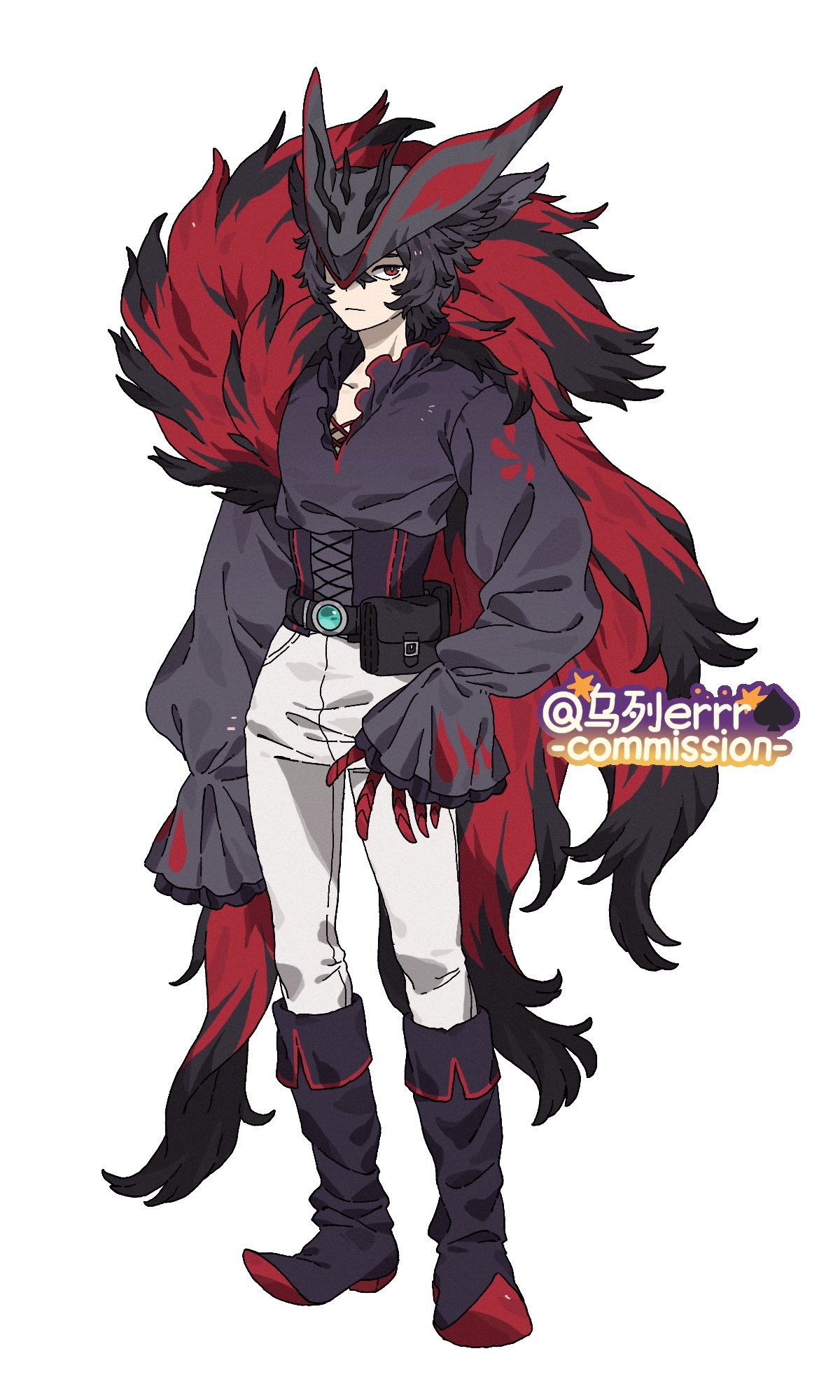 wulie errr, zoroark, nintendo, pokemon, highres, 1boy, animal ears, aqua gemstone, belt, black belt, black boots, black corset, black hair, black shirt, boots, claws, corset, feather boa, fox ears, full body, gem, gen 5 pokemon, grey hat, hair over one eye, hat, long sleeves, looking at viewer, pants, personification, pokemon (creature), red eyes, red trim, shirt, simple background, sleeves past fingers, sleeves past wrists, solo, standing, white background, white pants