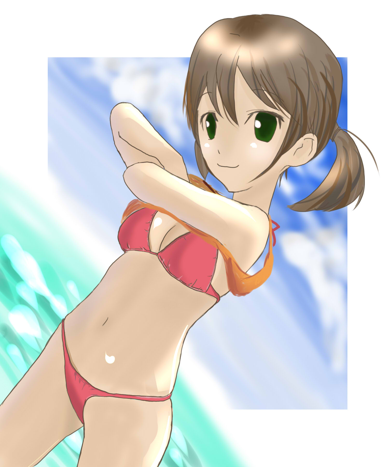 naname, naname (nanameue), original, highres, 1girl, beach, bikini, brown hair, female focus, green eyes, short hair, solo, swimsuit, undressing
