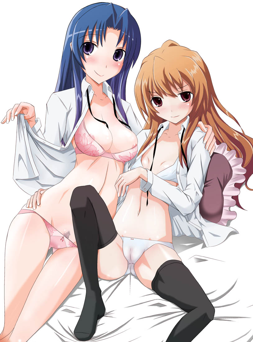 rentaichou, aisaka taiga, kawashima ami, toradora!, 00s, 2girls, age difference, blue eyes, blue hair, blush, bottomless, bra, breasts, brown eyes, brown hair, cameltoe, fat mons, female pubic hair, flat chest, floral print, floral print panties, hand on own hip, large breasts, lingerie, loli, long hair, lowleg, lowleg panties, multiple girls, navel, nipple slip, nipples, no pants, onee-loli, open clothes, open shirt, panties, print panties, pubic hair, see-through clothes, shirt, thighhighs, underwear, yuri