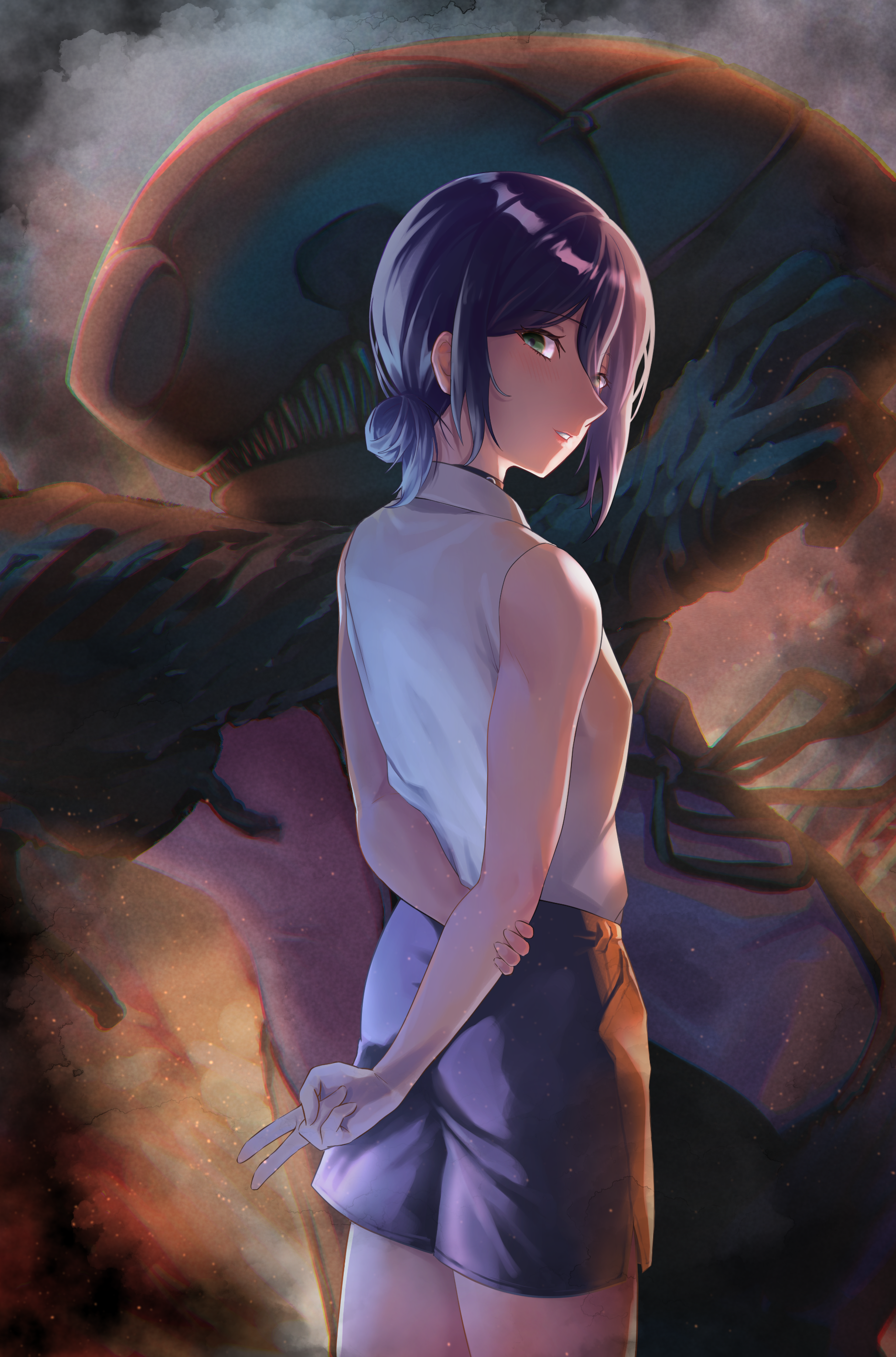 narumi sage, bomb devil (chainsaw man), reze (chainsaw man), chainsaw man, absurdres, highres, 1girl, arms behind back, collared shirt, green eyes, hair between eyes, hair bun, looking at viewer, purple hair, purple shorts, shirt, shorts, sleeveless, sleeveless shirt, v, white shirt
