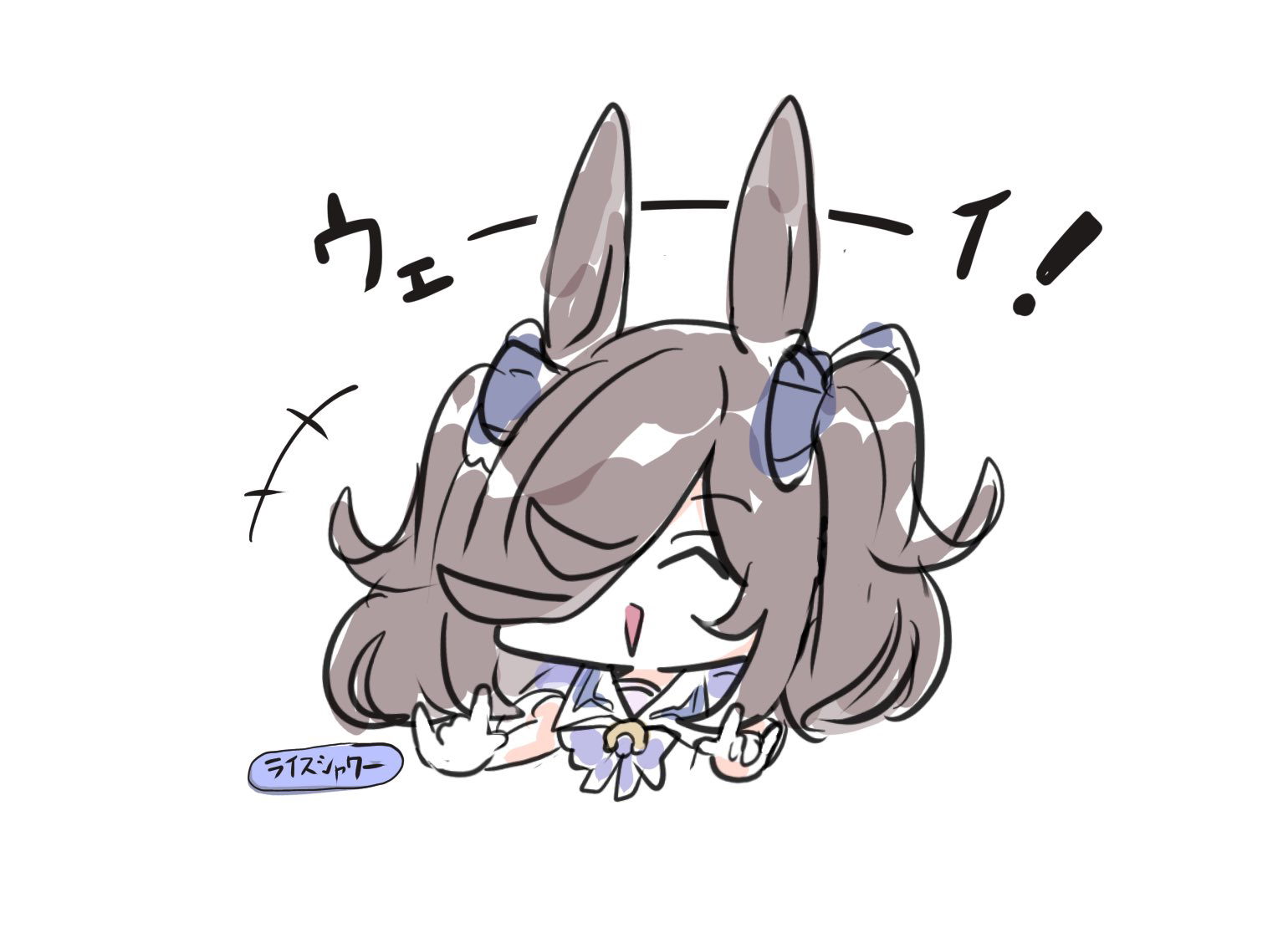 kawamochi (tddm3573), rice shower (umamusume), umamusume, translation request, +++, 1girl, :>, n/, ^ ^, alternate hairstyle, animal ears, bow, brown hair, closed eyes, cropped torso, double n/, hair over one eye, horse ears, outstretched arms, parted lips, puffy short sleeves, puffy sleeves, purple bow, purple shirt, shirt, short sleeves, simple background, solo, triangle mouth, twintails, upper body, white background
