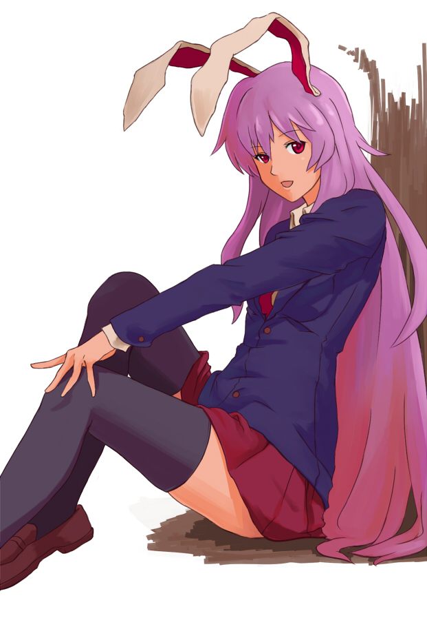 shibasaki shouji, reisen udongein inaba, touhou, bad id, bad pixiv id, 1girl, animal ears, female focus, purple hair, rabbit ears, red eyes, simple background, skirt, solo, thighhighs