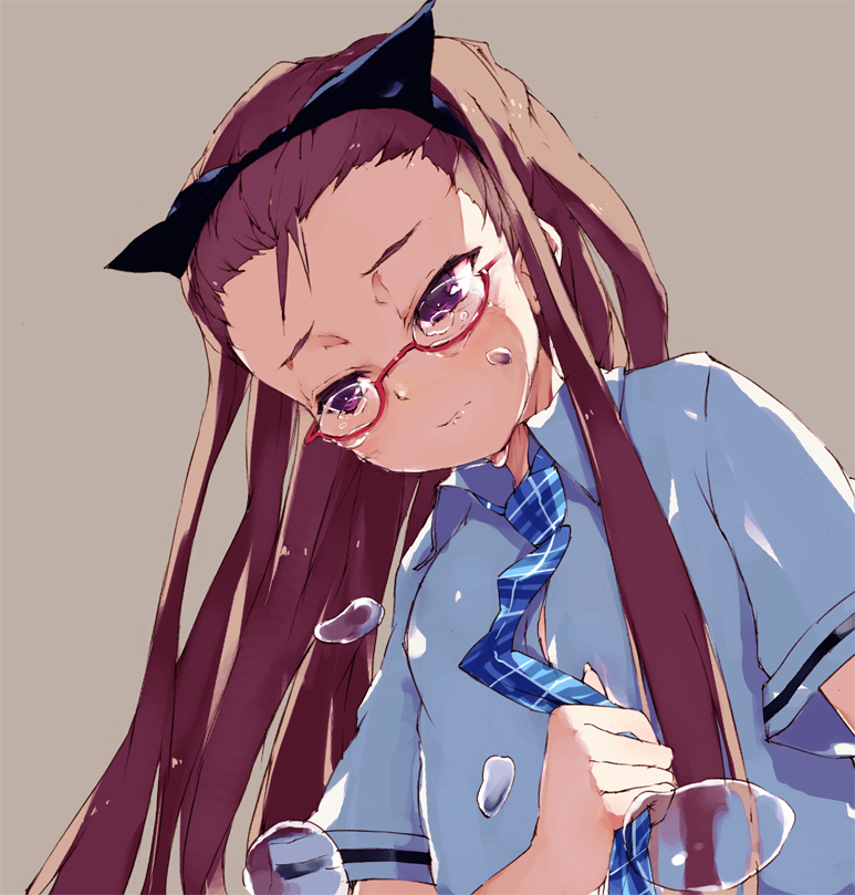 kitano yuusuke, minase iori, idolmaster, idolmaster (classic), 00s, 1girl, brown hair, female focus, glasses, hairband, long hair, necktie, purple eyes, red-framed eyewear, semi-rimless eyewear, solo, tears, under-rim eyewear