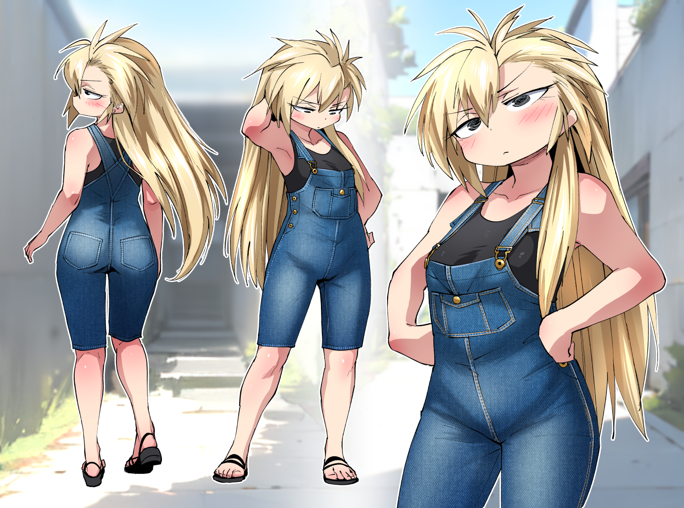 shimizu pem, original, translation request, 1girl, armpits, ass, black eyes, black sandals, black shirt, blonde hair, blue overalls, blurry, blurry background, blush, breasts, closed mouth, denim, expressionless, full body, long hair, looking at viewer, multiple views, outdoors, overalls, sandals, shirt, sleeveless, sleeveless shirt, small breasts