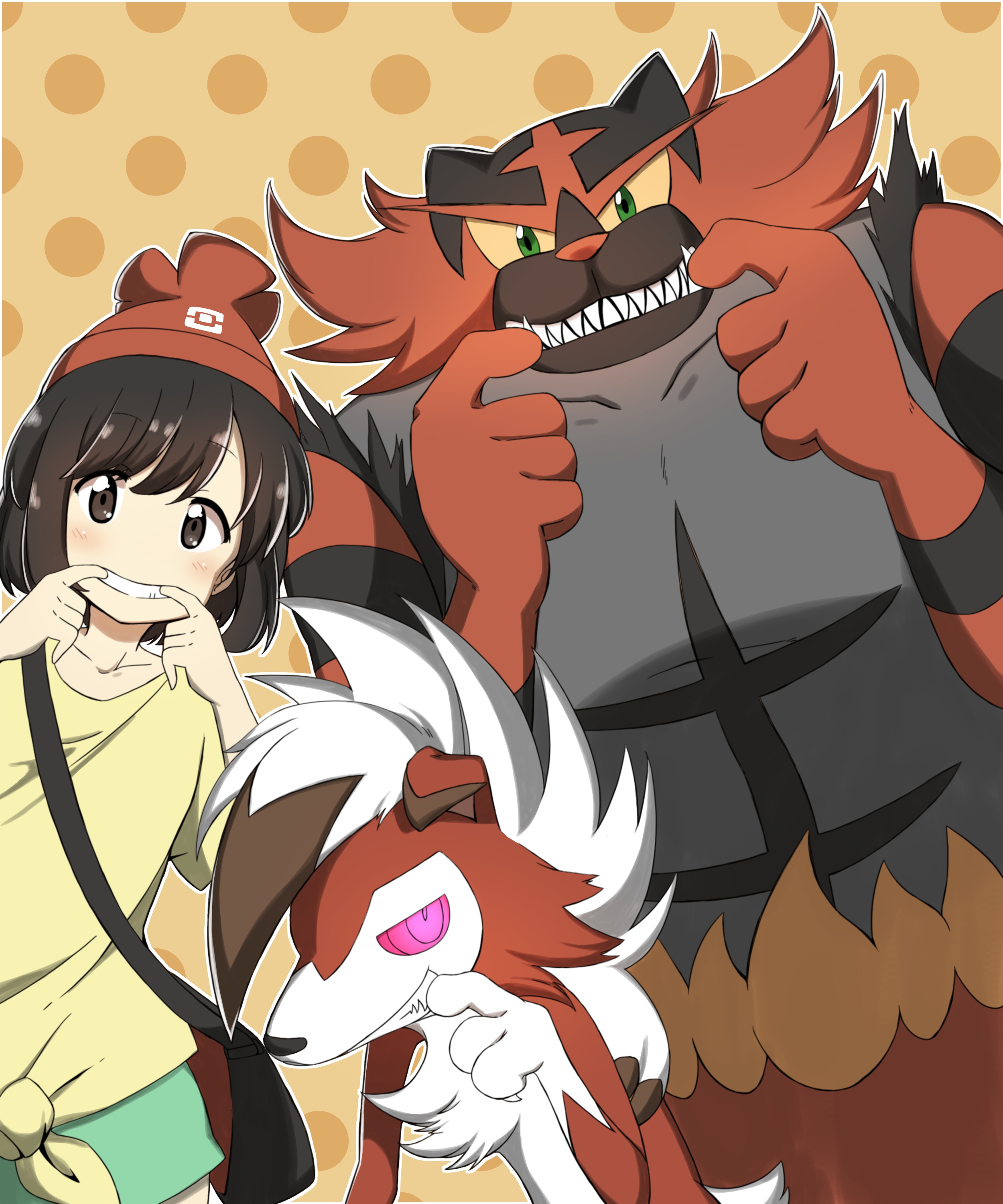 shigure (sigre), incineroar, lycanroc, lycanroc (midnight), selene (pokemon), nintendo, pokemon, pokemon sm, absurdres, highres, 1girl, beret, blue skirt, brown eyes, brown hair, gen 7 pokemon, green eyes, hat, looking at viewer, pink eyes, pokemon (creature), red hat, shirt, short hair, skirt, smile, yellow shirt