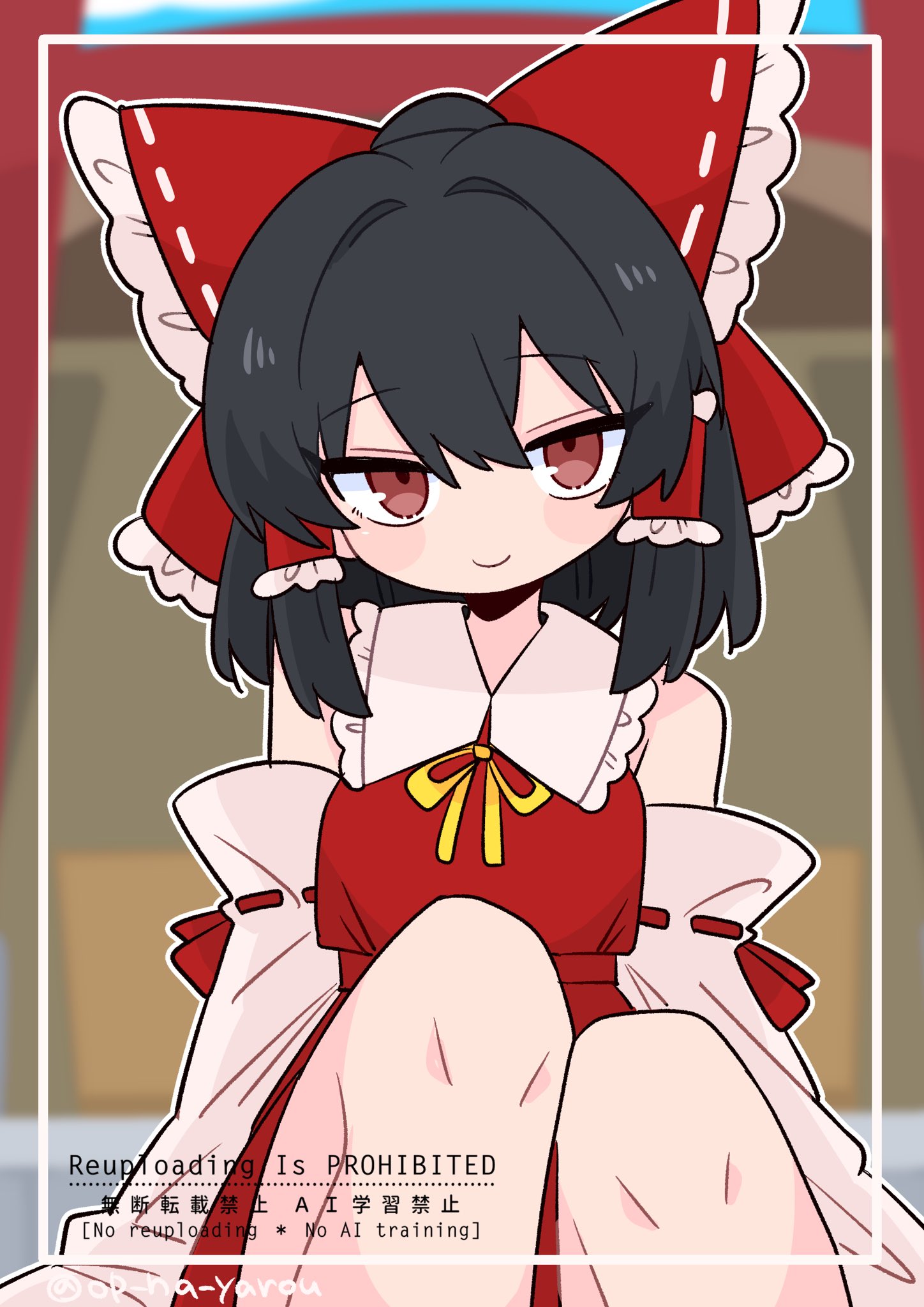 op na yarou, hakurei reimu, touhou, highres, ascot, black hair, bow, detached sleeves, frilled bow, frilled hair tubes, frills, hair bow, hair tubes, looking at viewer, nontraditional miko, red bow, red eyes, red skirt, ribbon-trimmed sleeves, ribbon trim, sitting, skirt, skirt set, smile