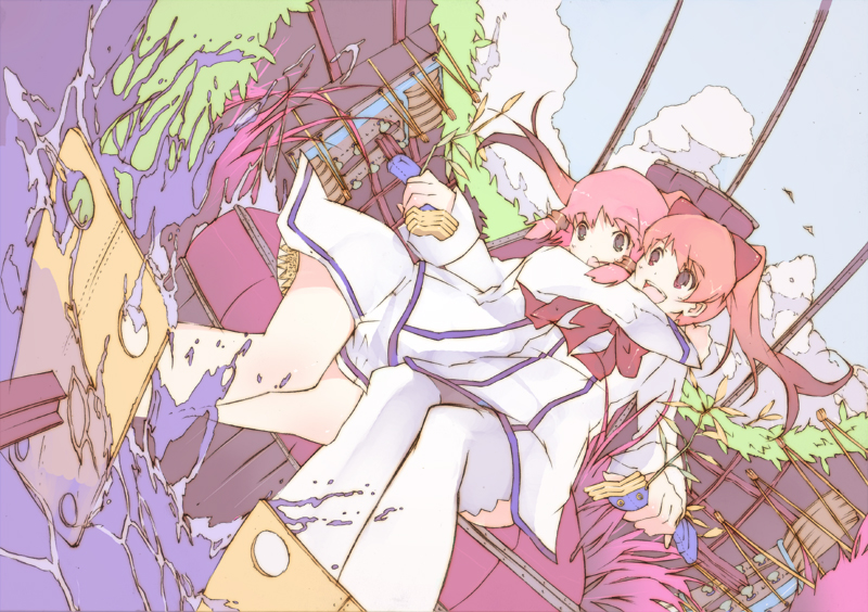 kitano yuusuke, quiz magic academy, 2girls, day, long hair, multiple girls, outdoors, pink hair, scared, splashing, thighhighs, water