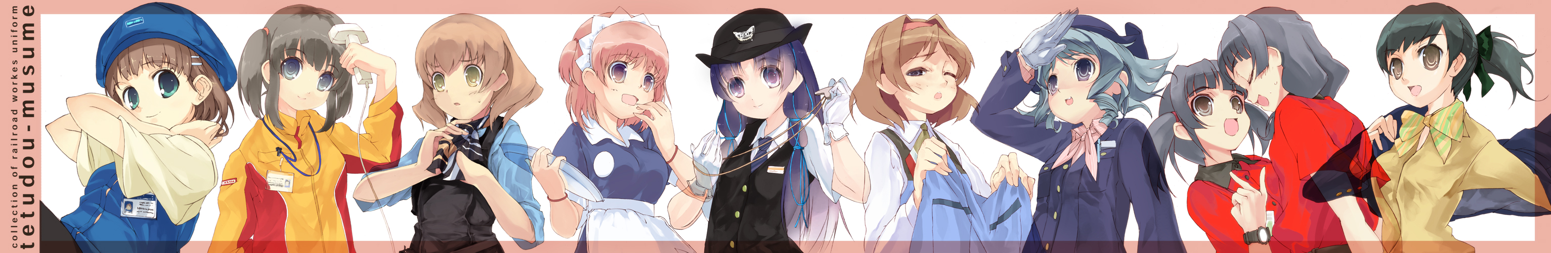 kitano yuusuke, hiraizumi aoba, hiraizumi tsubasa, kasukabe shia, kitano tsutsuji, maibara haruka, ootsuki miina, shibusawa asagi, shirakawa hibari, tsujidou midori, fuji kyuko, jr east retail net, jreast tessei, keio (company), nippon restaurant enterprise, odakyu restaurant system, original, tetsudou musume, tobu shoji, west japan railway maintec, looking away, highres, long image, wide image, 00s, 6+girls, apron, aqua eyes, aqua hair, black hair, blue eyes, blue hair, brown eyes, brown hair, closed eyes, female service cap, gloves, green eyes, hair ornament, hair ribbon, hairband, hairclip, hat, long hair, looking at viewer, multiple girls, name tag, necktie, one eye closed, open mouth, pink hair, police, police uniform, policewoman, purple eyes, purple hair, ribbon, scarf, short hair, short sleeves, simple background, smile, train attendant, travel attendant, twintails, vest, waitress, watch, whistle, white gloves, wristwatch, yellow eyes