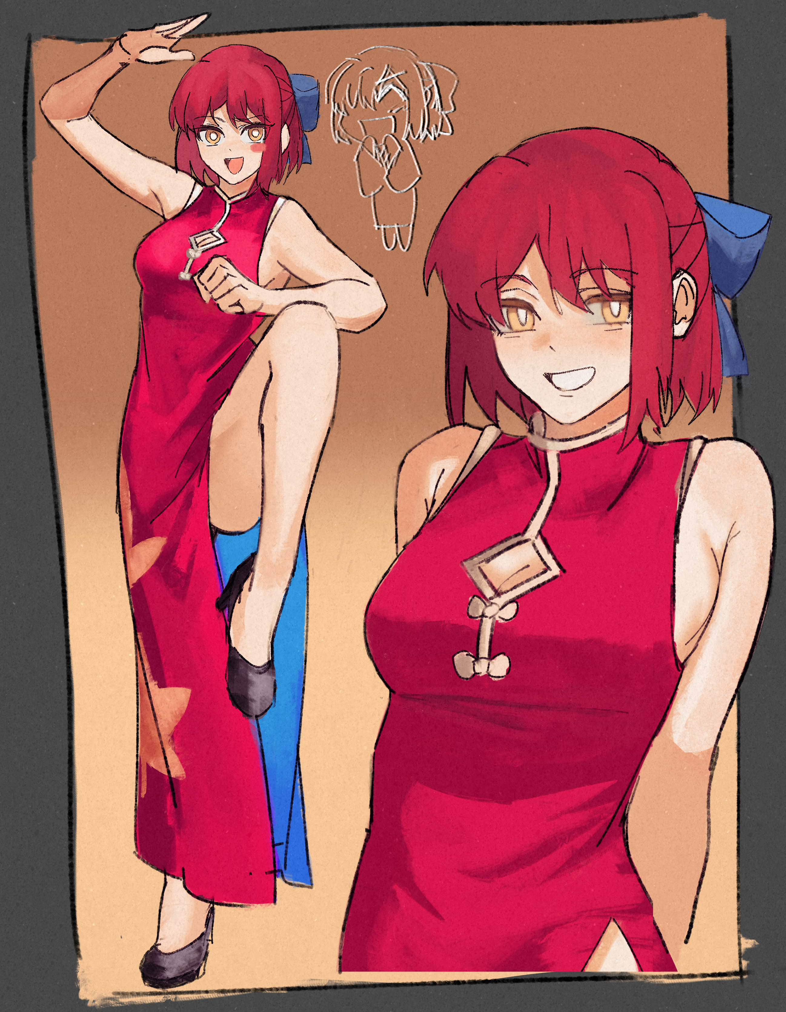ezekquel, kohaku (tsukihime), melty blood, tsukihime, absurdres, commentary request, highres, 1girl, arms behind back, bare shoulders, black shoes, blue bow, bow, breasts, chibi, china dress, chinese clothes, dress, hair bow, half updo, looking at viewer, medium breasts, official alternate costume, pelvic curtain, red dress, shoes, sleeveless, sleeveless dress, smile, thighs, yellow eyes
