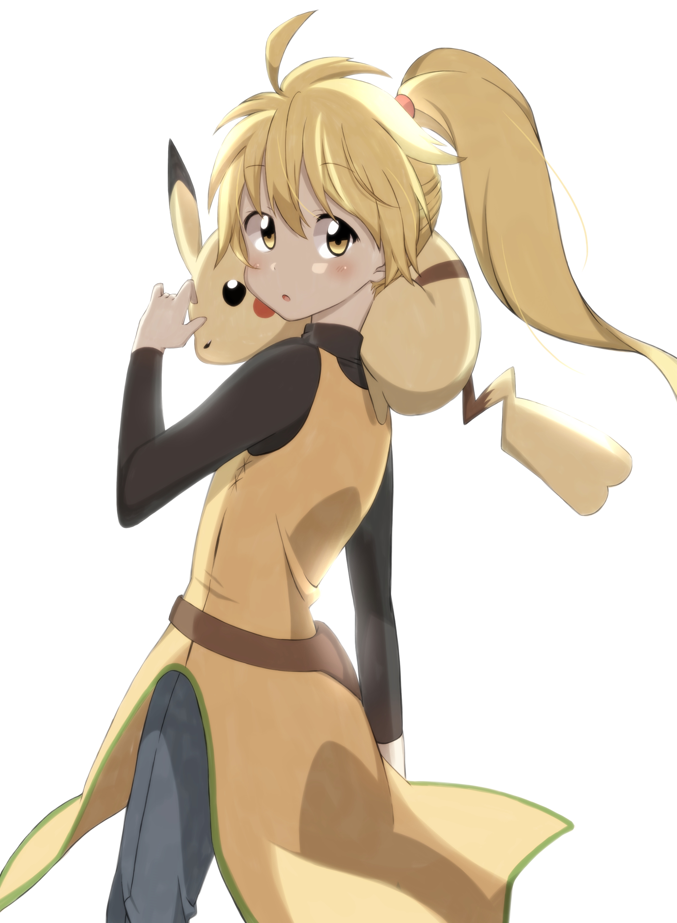 shigure (sigre), chuchu (pokemon), pikachu, yellow (pokemon), nintendo, pokemon, pokemon adventures, absurdres, highres, 1girl, 1other, animal ears, black shirt, blonde hair, blue pants, blush, dress, gen 1 pokemon, looking at viewer, medium hair, mouse ears, mouse tail, open mouth, pants, ponytail, shirt, solo, tail, white background, yellow dress, yellow eyes