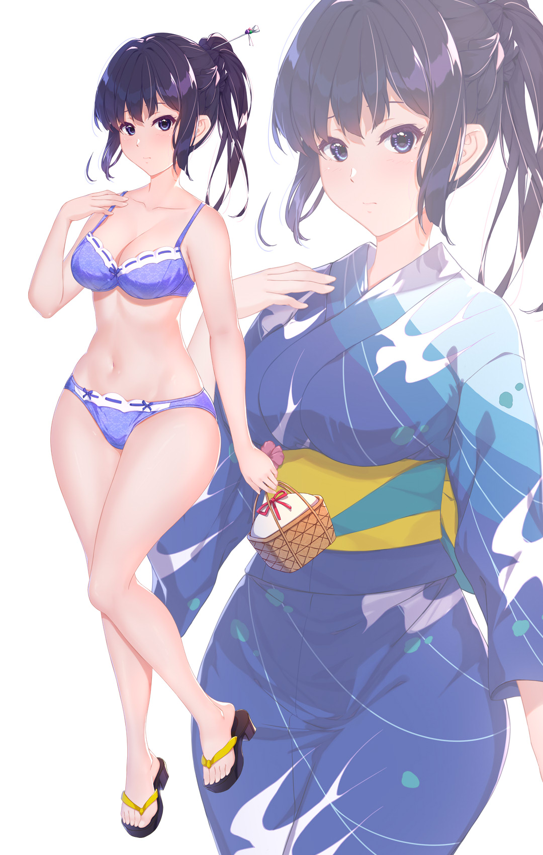 kurenaiz (kureniz), kousaka reina, hibike! euphonium, commentary, highres, 1girl, black hair, blue bra, blue eyes, blue kimono, blue panties, bra, breasts, full body, japanese clothes, kimono, long hair, looking at viewer, medium breasts, navel, obi, panties, ponytail, sash, sidelocks, simple background, solo, stomach, underwear, underwear only, white background, zoom layer