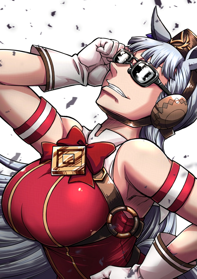 nise pakuman-san, gold ship (red strife) (umamusume), gold ship (umamusume), umamusume, 1girl, animal ears, armband, armpits, bare shoulders, blunt bangs, bow, bowtie, breasts, brown hat, dress, ear bow, ear ribbon, gloves, grey hair, grin, hat, horse ears, horse girl, large breasts, long hair, open mouth, pillbox hat, purple bow, red armband, red bow, red dress, sleeveless, sleeveless dress, smile, solo, striped armband, striped clothes, sunglasses, teeth, upper body, white armband, white gloves