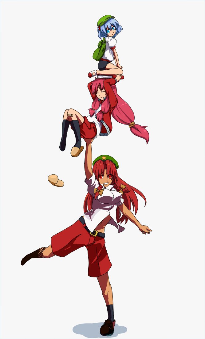 shibasaki shouji, hong meiling, kawashiro nitori, patchouli knowledge, touhou, bad id, bad pixiv id, 3girls, backpack, bag, bandaid, blue eyes, blue hair, book, casual, female focus, hat, human tower, multiple girls, randoseru, red eyes, red hair, shoes, shorts, simple background, single shoe, stacking