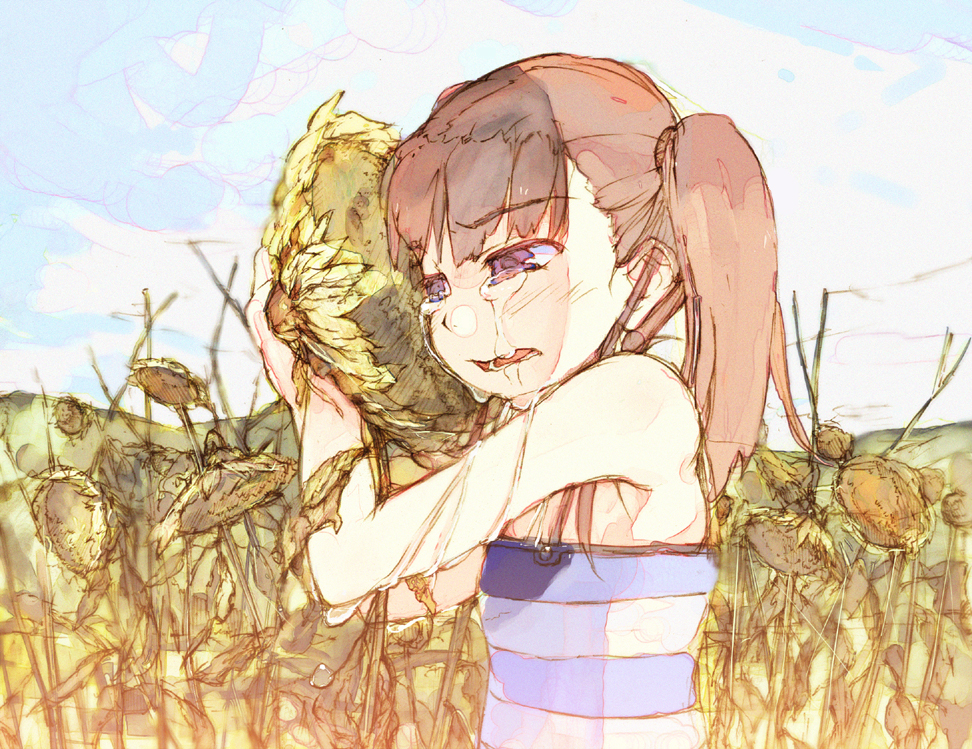 kitano yuusuke, 1girl, blush, brown hair, crying, crying with eyes open, female focus, flower, sad, snot, solo, sunflower, tears, twintails