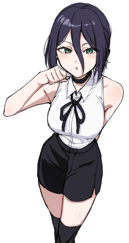 reze (chainsaw man), chainsaw man, 1girl, black choker, black hair, black ribbon, black shorts, black thighhighs, breasts, choker, green eyes, hair between eyes, large breasts, looking at viewer, neck ribbon, otofu 02, ribbon, shirt, shirt tucked in, shorts, simple background, sleeveless, sleeveless shirt, solo, thighhighs, white background, white shirt