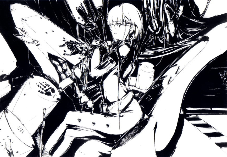 kitano yuusuke, cibo, blame!, 1girl, cable, female focus, glasses, greyscale, monochrome, science fiction, short hair, solo