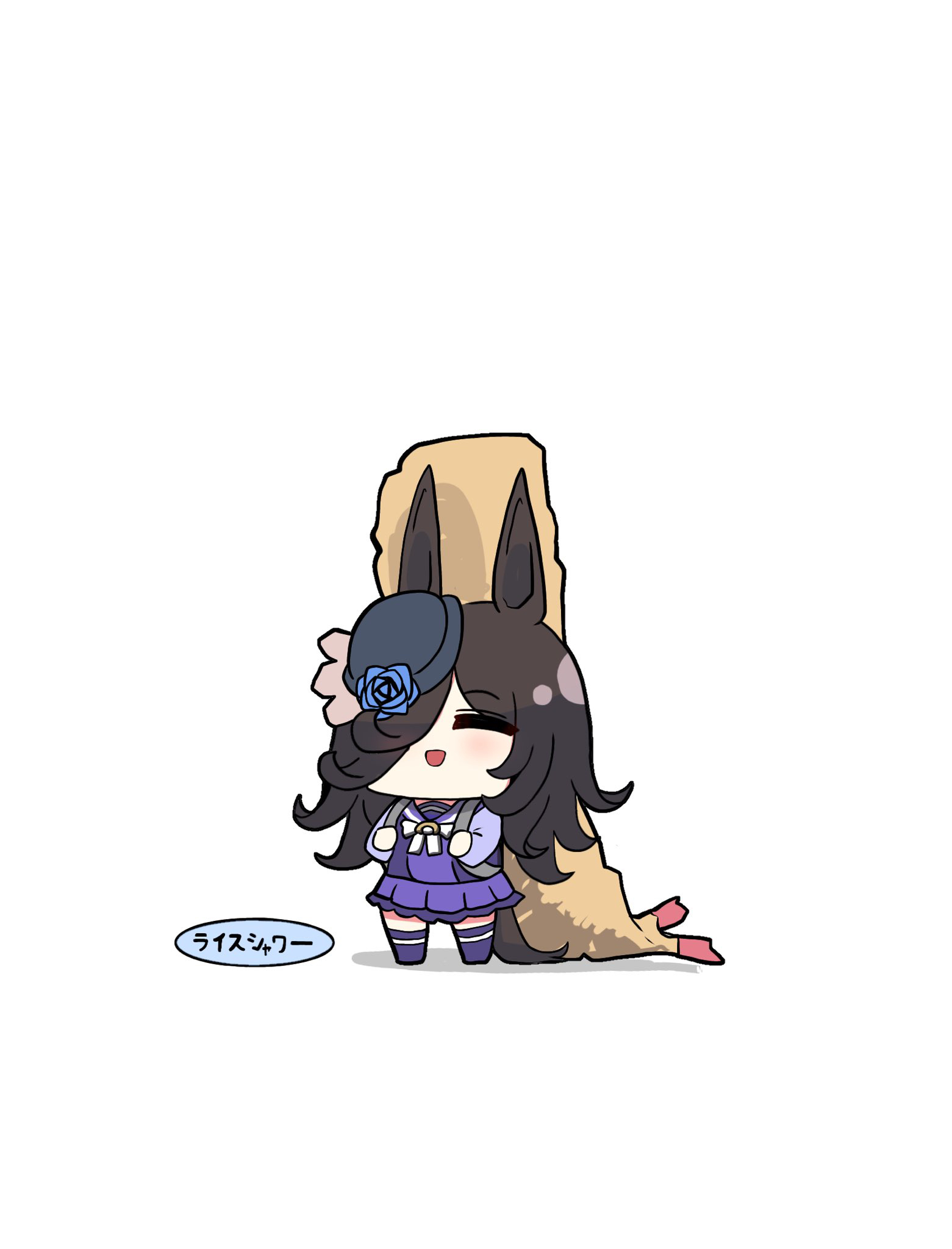kawamochi (tddm3573), rice shower (umamusume), umamusume, highres, translation request, 1girl, :d, ^ ^, animal ears, black hair, black hat, blue flower, blue rose, bow, character name, chibi, closed eyes, flower, food, hair over one eye, hat, hat flower, horse ears, horse girl, horse tail, long hair, long sleeves, no shoes, open mouth, pleated skirt, purple shirt, purple skirt, purple thighhighs, rose, school uniform, shadow, shirt, simple background, skirt, smile, solo, tail, tempura, thighhighs, tilted headwear, tracen school uniform, very long hair, white background, white bow