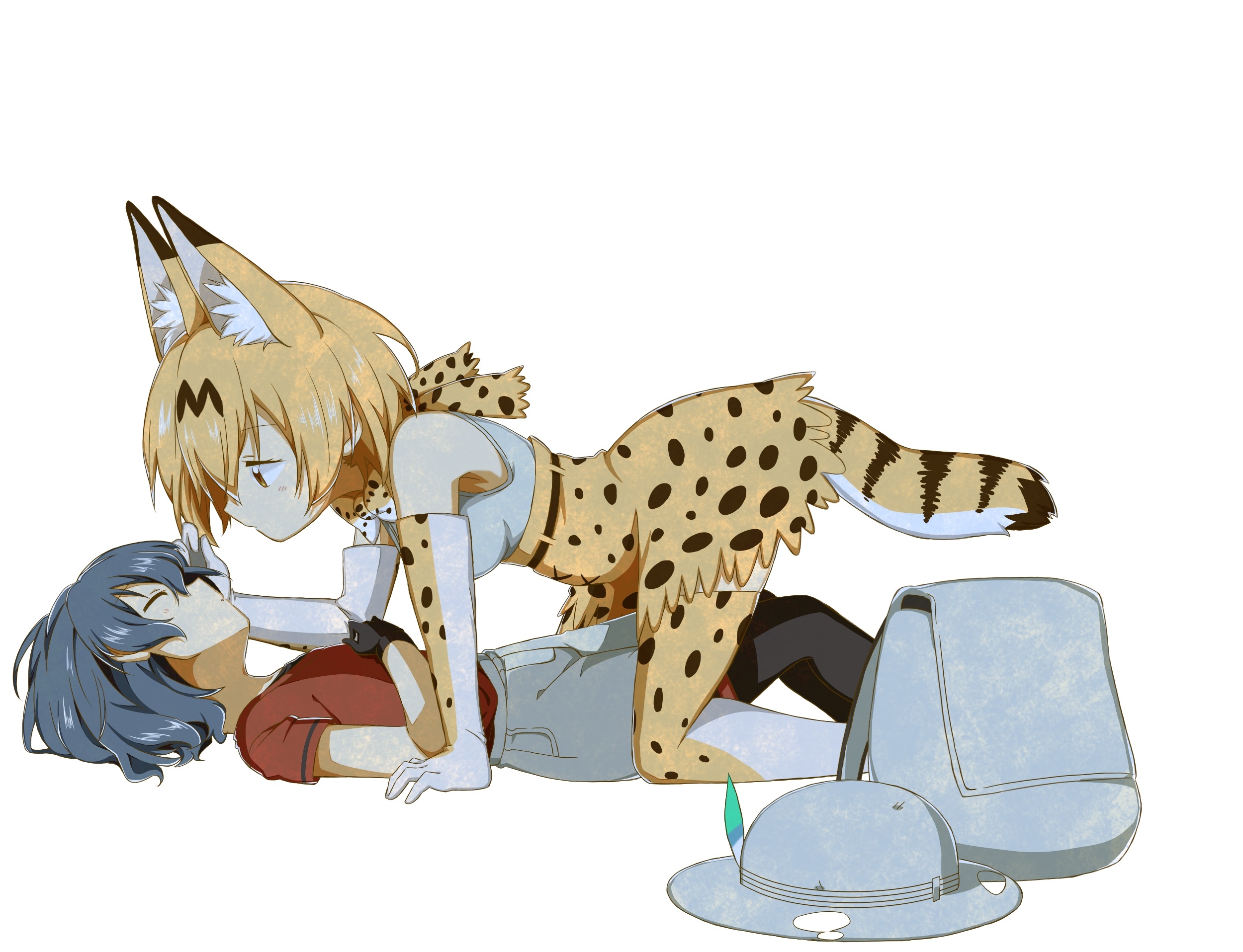 shigure (sigre), kaban (kemono friends), serval (kemono friends), kemono friends, highres, 2girls, animal ears, bag, black hair, blonde hair, cat ears, cat girl, cat tail, closed eyes, closed mouth, elbow gloves, gloves, hat, multiple girls, pantyhose, shirt, short hair, tail, thighhighs, unworn hat, unworn headwear, white background, white shirt, yellow gloves