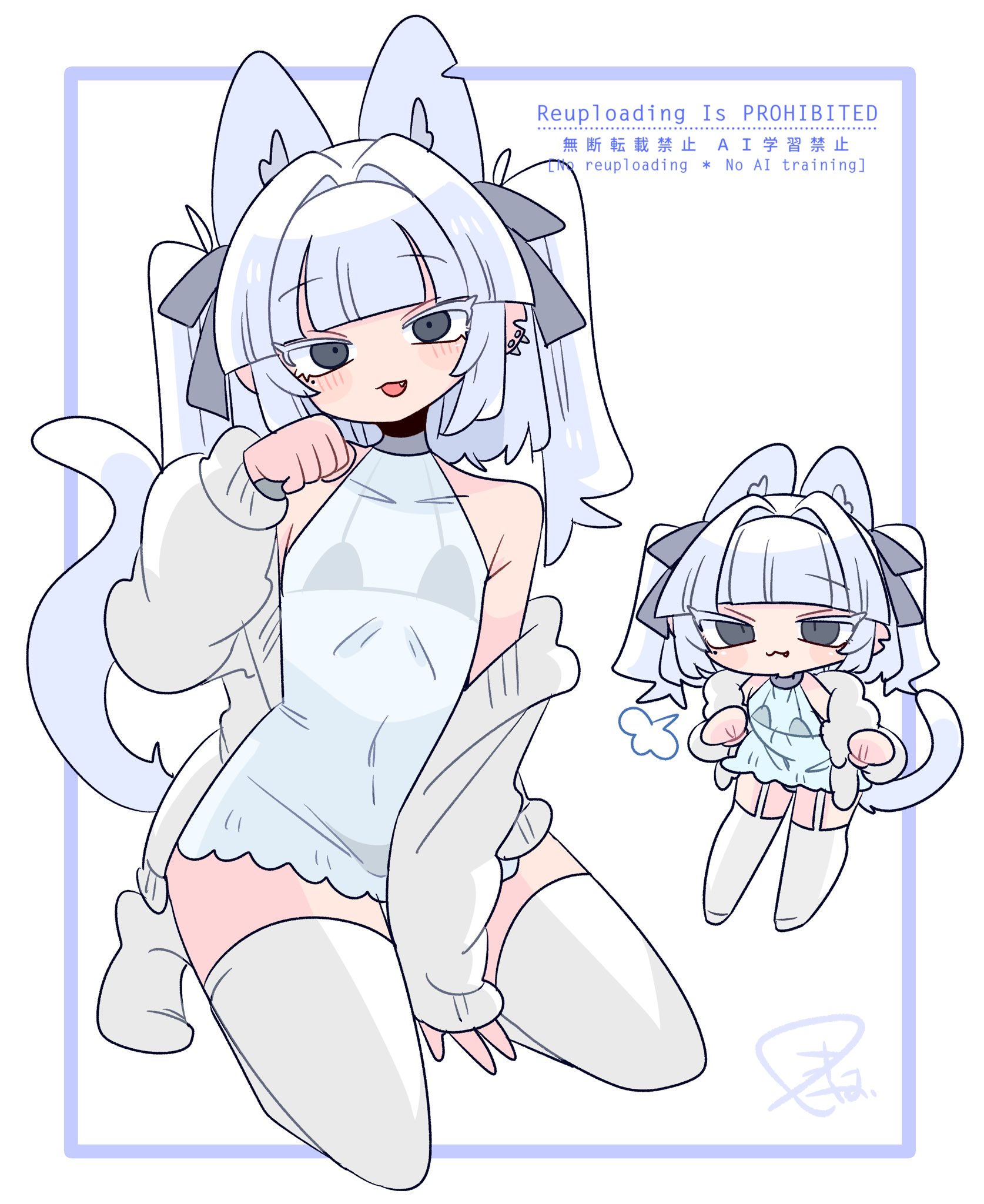 op na yarou, original, commentary, highres, 1boy, :3, animal ear fluff, animal ears, arm between legs, bare shoulders, black bra, blunt bangs, blush, bow, bra, bulge, cardigan, cat boy, cat ears, cat tail, chibi, closed mouth, collarbone, covered navel, crossdressing, crossdressing (mtf), dress, ear piercing, extra ears, fang, full body, garter straps, grey bow, grey eyes, hair bow, hair intakes, hand up, hands up, kneeling, leaning forward, long hair, long sleeves, looking at viewer, male focus, mole, mole under eye, multiple views, no nose, no shoes, notched ear, open cardigan, open clothes, panties, parted lips, paw pose, piercing, puff of air, raised eyebrows, see-through clothes, see-through dress, short dress, sidelocks, simple background, sleeveless, sleeveless dress, sleeves past wrists, standing, straight hair, tail, thighhighs, thighs, trap, two side up, underwear, white background, white cardigan, white dress, white hair, white thighhighs