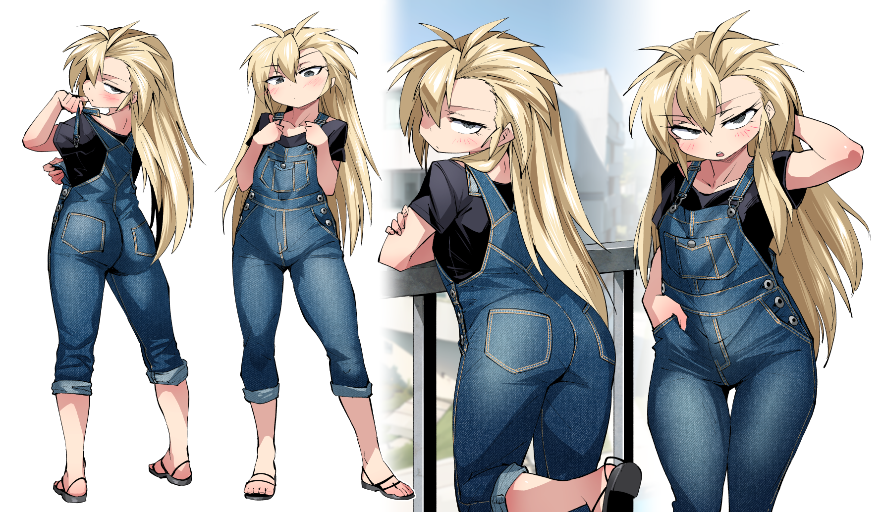 shimizu pem, original, commentary request, highres, 1girl, ass, black eyes, black sandals, black shirt, blonde hair, blue overalls, blush, breasts, closed mouth, full body, long hair, looking at viewer, multiple views, open mouth, overalls, sandals, shirt, short sleeves, small breasts