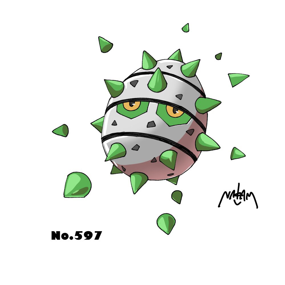 nakamu (nkm8gotsugotsu), ferroseed, nintendo, pokemon, commentary request, full body, gen 5 pokemon, no humans, pokedex number, pokemon (creature), pokemon focus, signature, simple background, solo, spikes, white background