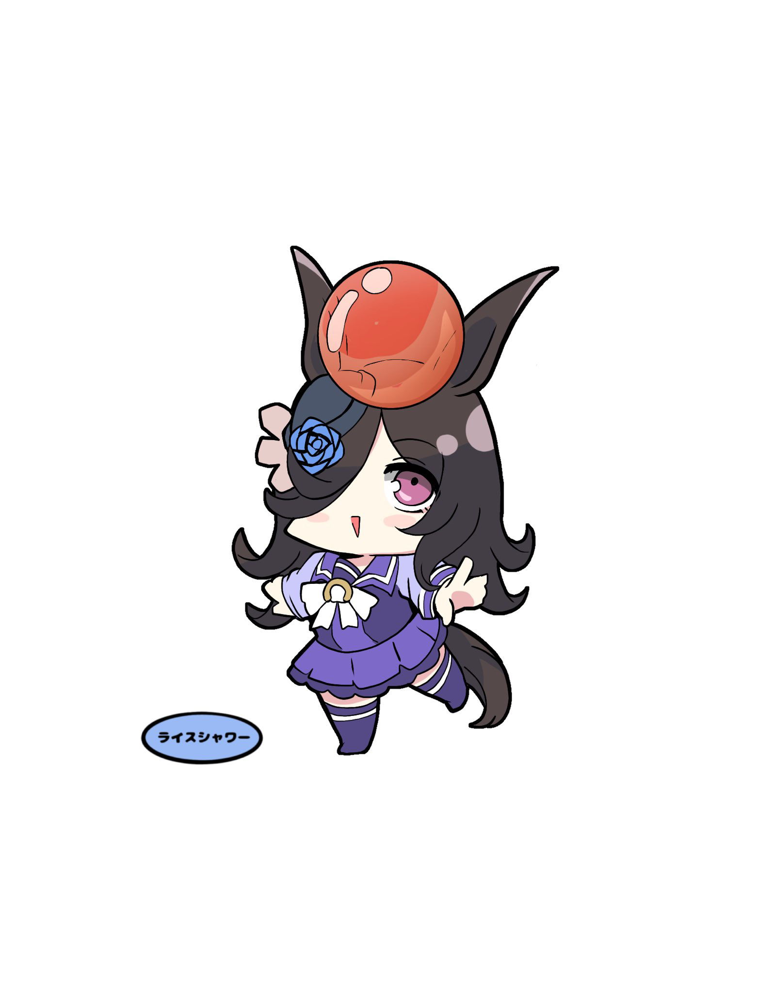 kawamochi (tddm3573), rice shower (umamusume), umamusume, highres, translation request, 1girl, :>, animal ears, black hair, black hat, blue flower, blue rose, blush stickers, bow, character name, chibi, flower, full body, hair over one eye, hat, hat flower, horse ears, horse girl, horse tail, long hair, long sleeves, on head, parted lips, pleated skirt, purple eyes, purple shirt, purple skirt, purple thighhighs, rose, school uniform, shirt, simple background, skirt, solo, standing, standing on one leg, tail, thighhighs, tilted headwear, tracen school uniform, triangle mouth, very long hair, white background, white bow