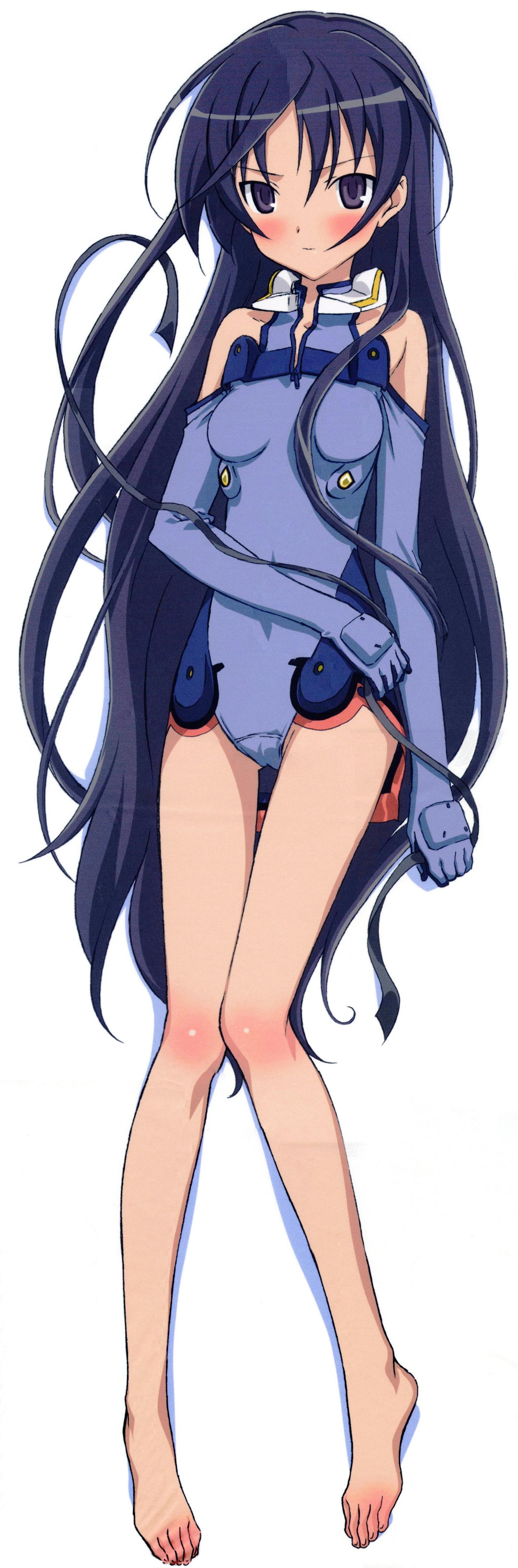 iizuka haruko, ichijou eika, sky girls, pilot suit, absurdres, highres, long image, official art, scan, tall image, 00s, 1girl, alternate hairstyle, bare shoulders, barefoot, blue eyes, blue gloves, blue hair, blush, body blush, breasts, dakimakura (medium), elbow gloves, feet, female focus, from above, full body, gloves, hair down, halterneck, holding, knees together feet apart, leotard, light smile, long hair, long legs, looking at viewer, lying, matching hair/eyes, mecha pilot suit, motion slit, on back, parted bangs, purple eyes, ribbon, shadow, simple background, small breasts, smile, solo, thigh gap, turtleneck, unzipped, very long hair, white background, zipper
