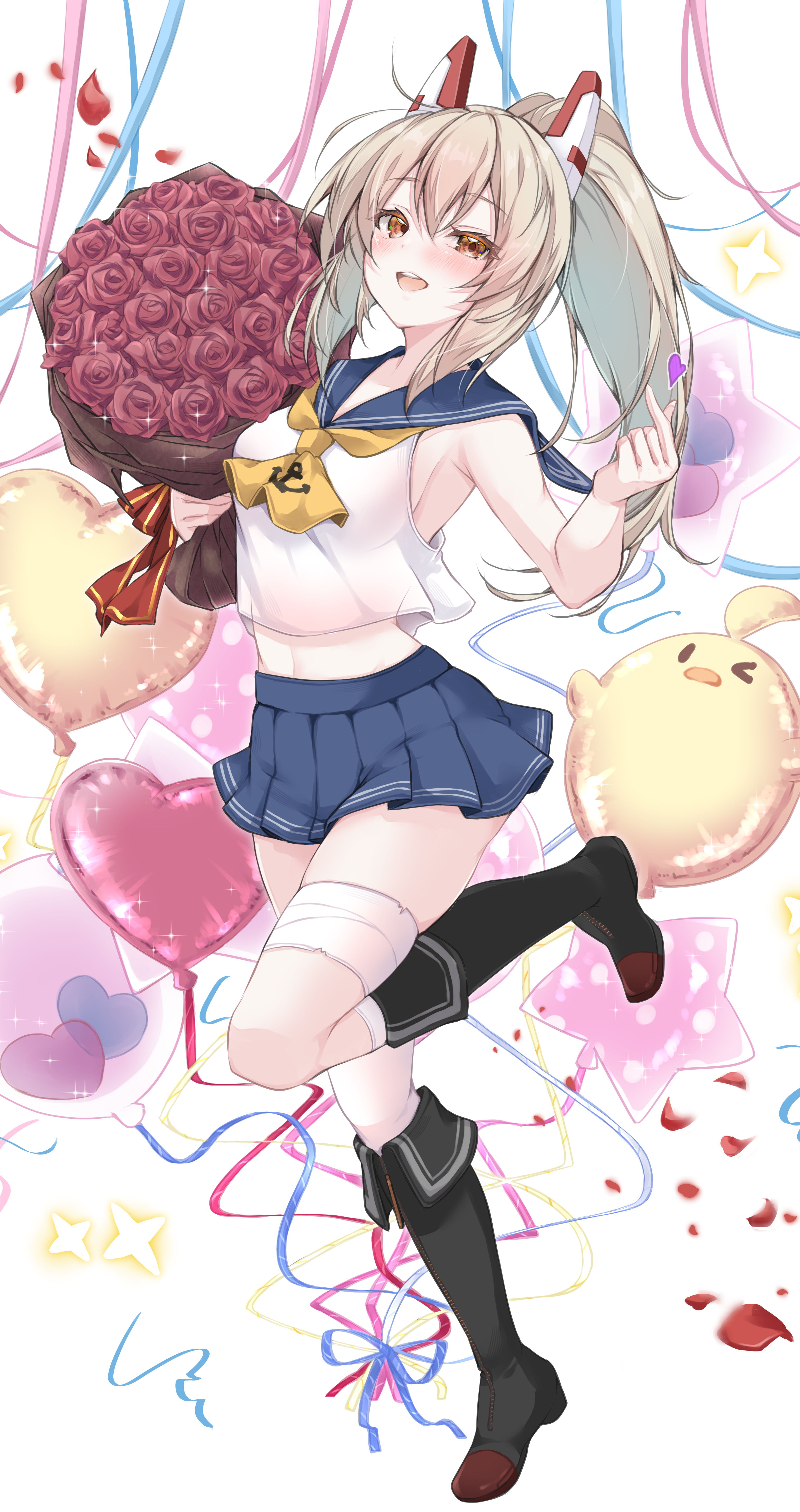 mikuchi3939, ayanami (azur lane), manjuu (azur lane), azur lane, absurdres, commentary request, commission, highres, skeb commission, 1girl, balloon, bandaged leg, bandages, black boots, blue sailor collar, blue skirt, blush, boots, bouquet, breasts, crop top, flower, full body, hair between eyes, heart balloon, high ponytail, holding, holding bouquet, long hair, looking at viewer, medium breasts, midriff, miniskirt, neckerchief, open mouth, orange eyes, pleated skirt, ponytail, red flower, red rose, rose, sailor collar, school uniform, serafuku, shirt, sidelocks, single thighhigh, skirt, smile, solo, teeth, thighhighs, thighs, upper teeth only, white background, white thighhighs, yellow neckerchief