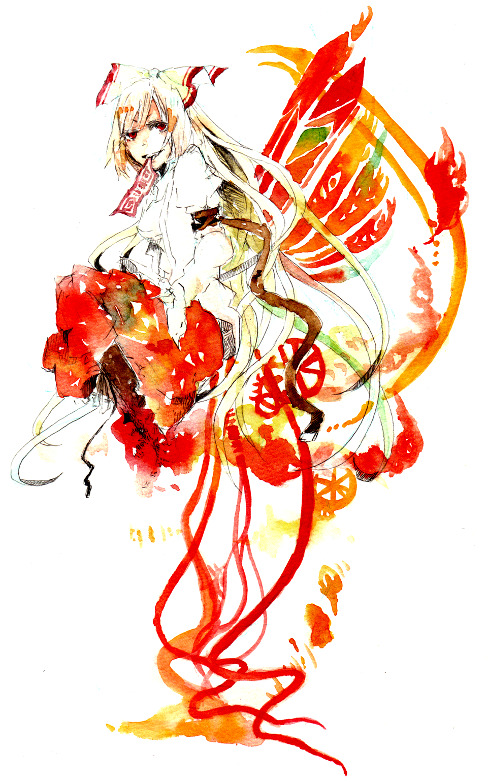 sakuma, fujiwara no mokou, touhou, bad id, bad pixiv id, highres, painting (medium), traditional media, watercolor (medium), 1girl, female focus, fire, long hair, mouth hold, ofuda, red eyes, ribbon, smile, solo, very long hair, white background, white hair