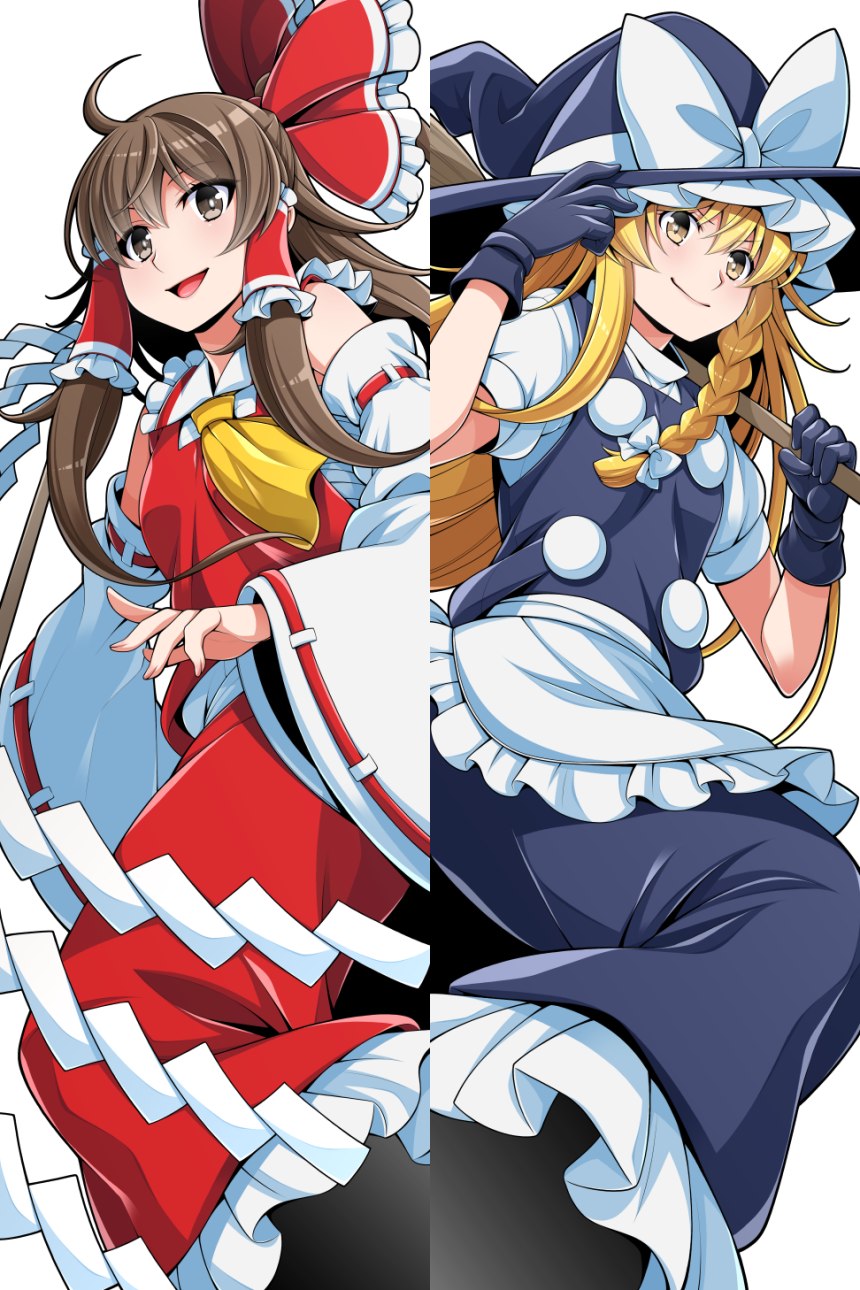 eichi yuu, hakurei reimu, kirisame marisa, touhou, commentary request, highres, 2girls, apron, ascot, black gloves, black hat, black skirt, black vest, blonde hair, bow, braid, broom, brown eyes, brown hair, detached sleeves, frilled bow, frilled hair tubes, frills, gloves, hair bow, hair tubes, hat, hat bow, holding, holding broom, long hair, looking at viewer, multiple girls, open mouth, red bow, red skirt, ribbon-trimmed sleeves, ribbon trim, side braid, single braid, skirt, skirt set, smile, vest, waist apron, white apron, white bow, witch hat, yellow ascot